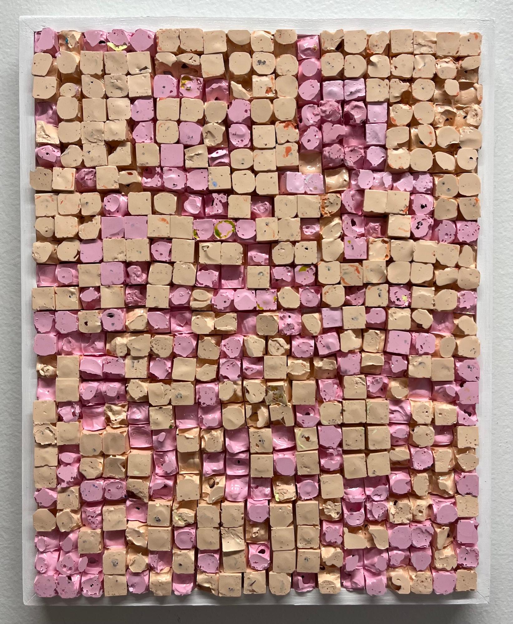 Pink Square Quilt 4- framed and textured molded acrylic painting - Painting by Natalie Harrison