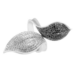 Natalie K 14 Karat White Gold Black and White Diamond Pave Leaf Ring