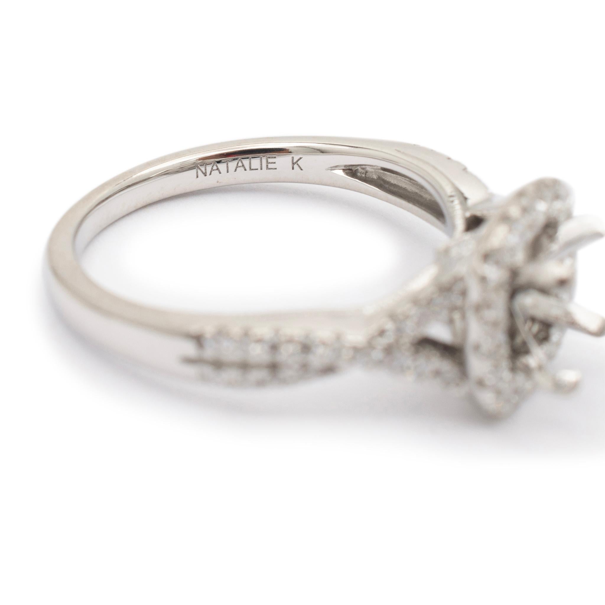 Natalie K 14K White Gold Crossover Halo Diamond Semi Mount Engagement Ring For Sale 1