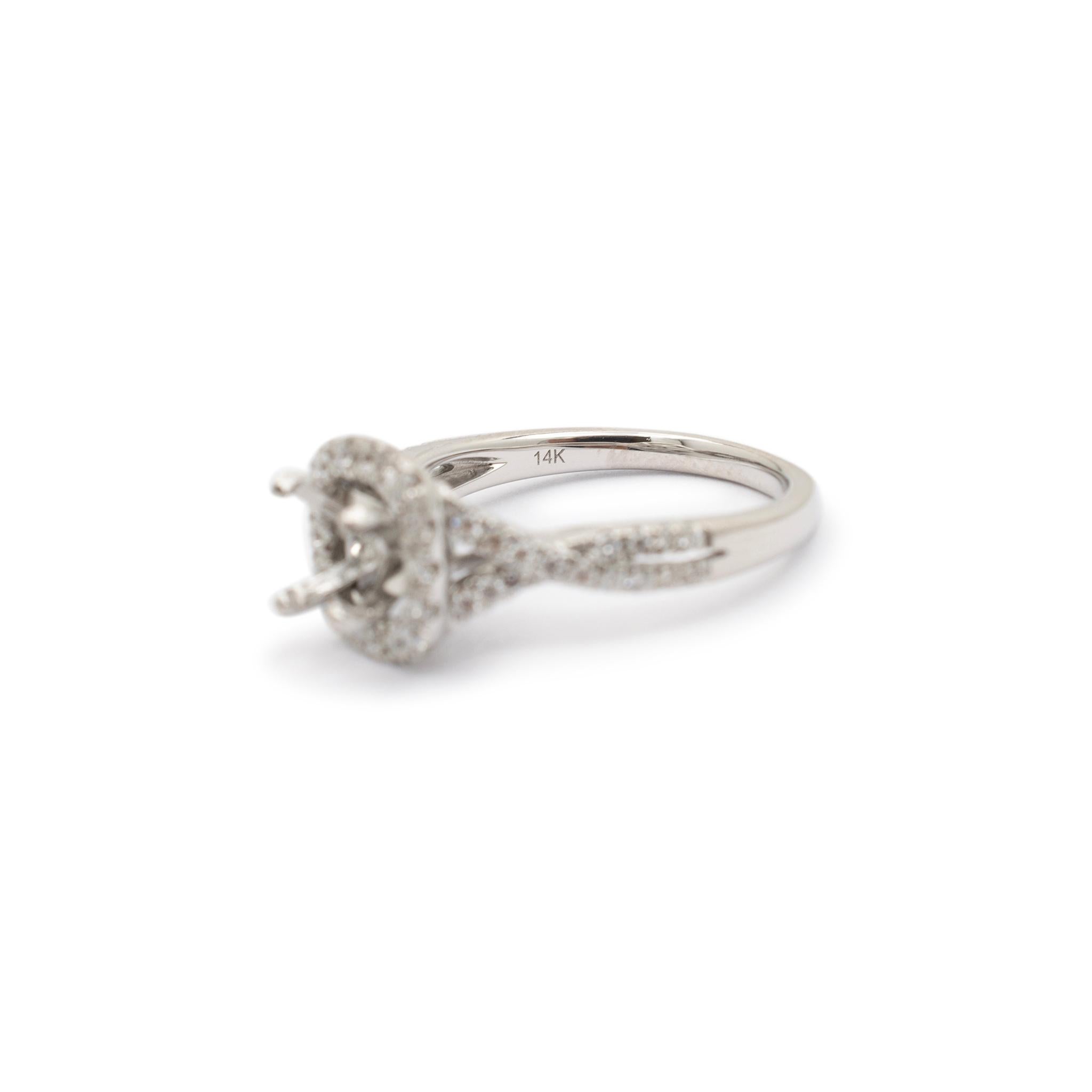 Natalie K 14K White Gold Crossover Halo Diamond Semi Mount Engagement Ring For Sale 2