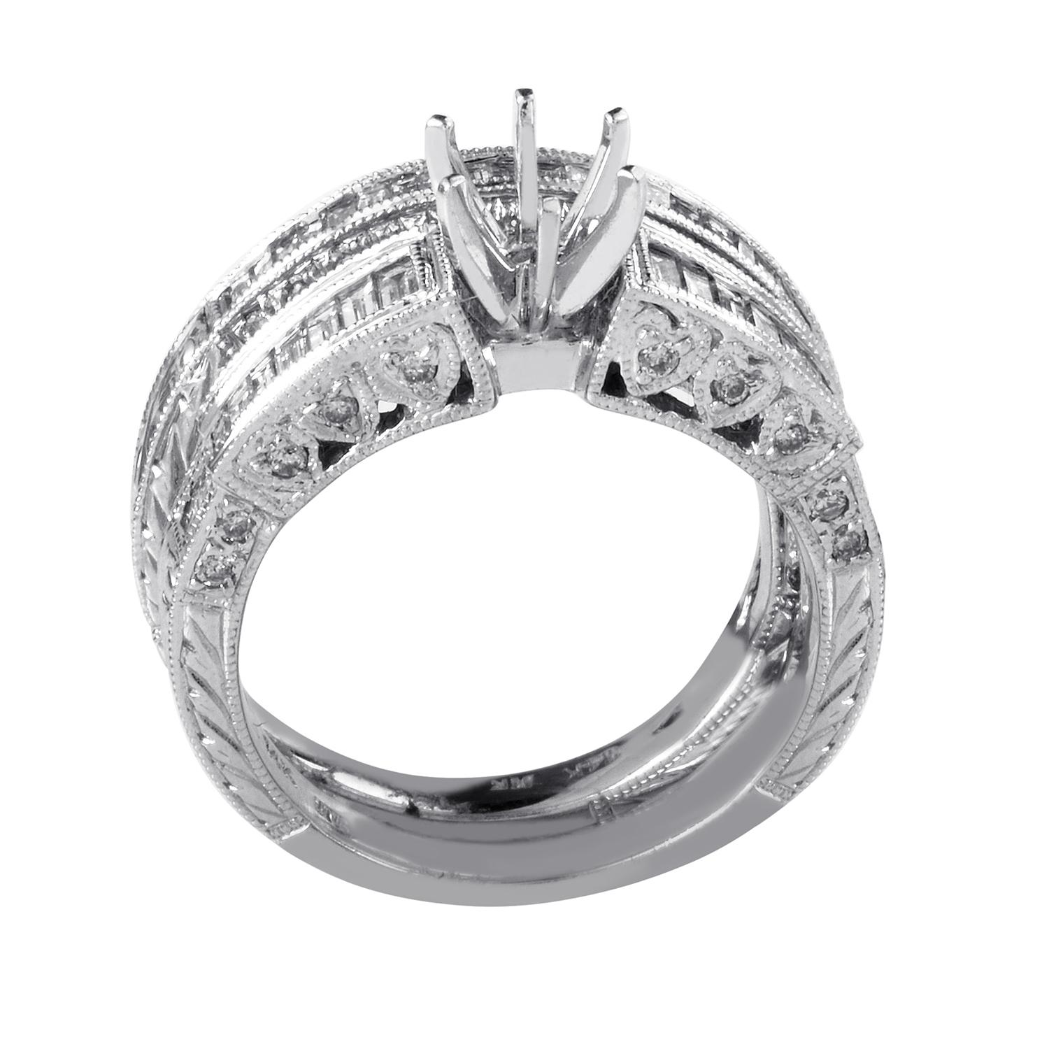 Intricate, whimsical and yet majestic, this 14K white gold ring by Natalie K is a mesmerizing ring, to have and to hold. The bands are delicately engraved, with the settings embellished in a filigree finish. Each band is lavished with diamonds -