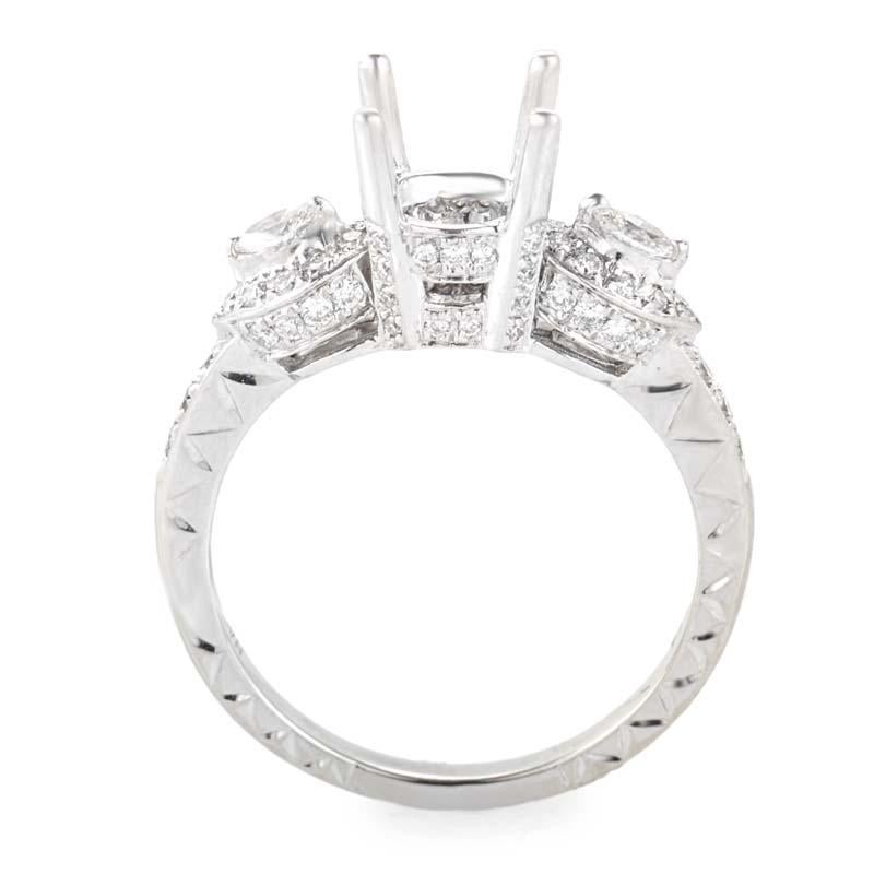 This mounting ring from Natalie K is breathtaking and lovely. It is made of 14K white gold and is set with ~.50ct of diamonds.
