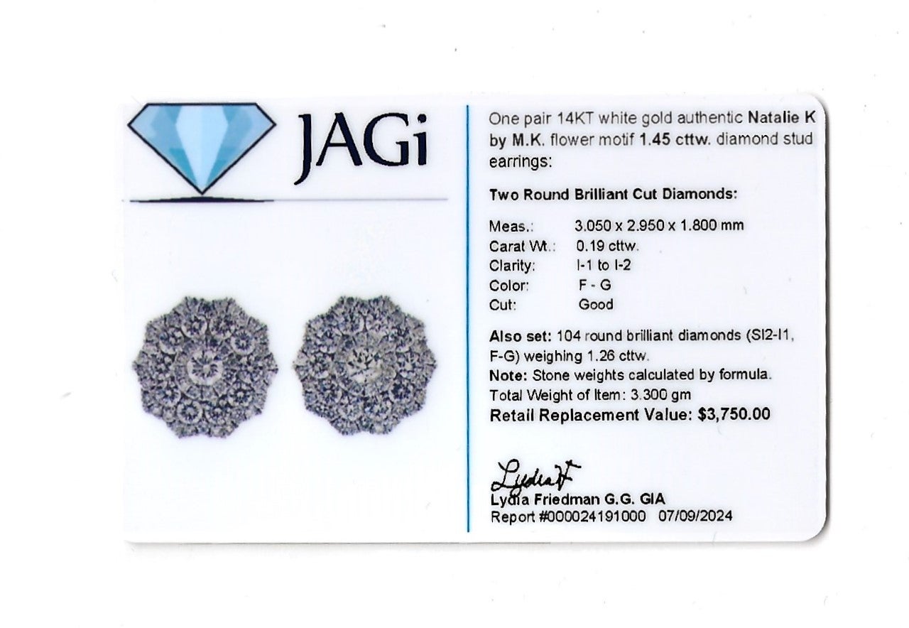 Natalie K por M.K. Pendientes de oro blanco de 14 quilates con motivo de flor de diamantes en venta 3
