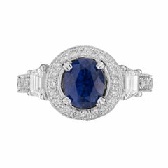 Natalie K, bague de fiançailles halo en platine avec saphir ovale de 2,07 carats certifié GIA et diamants