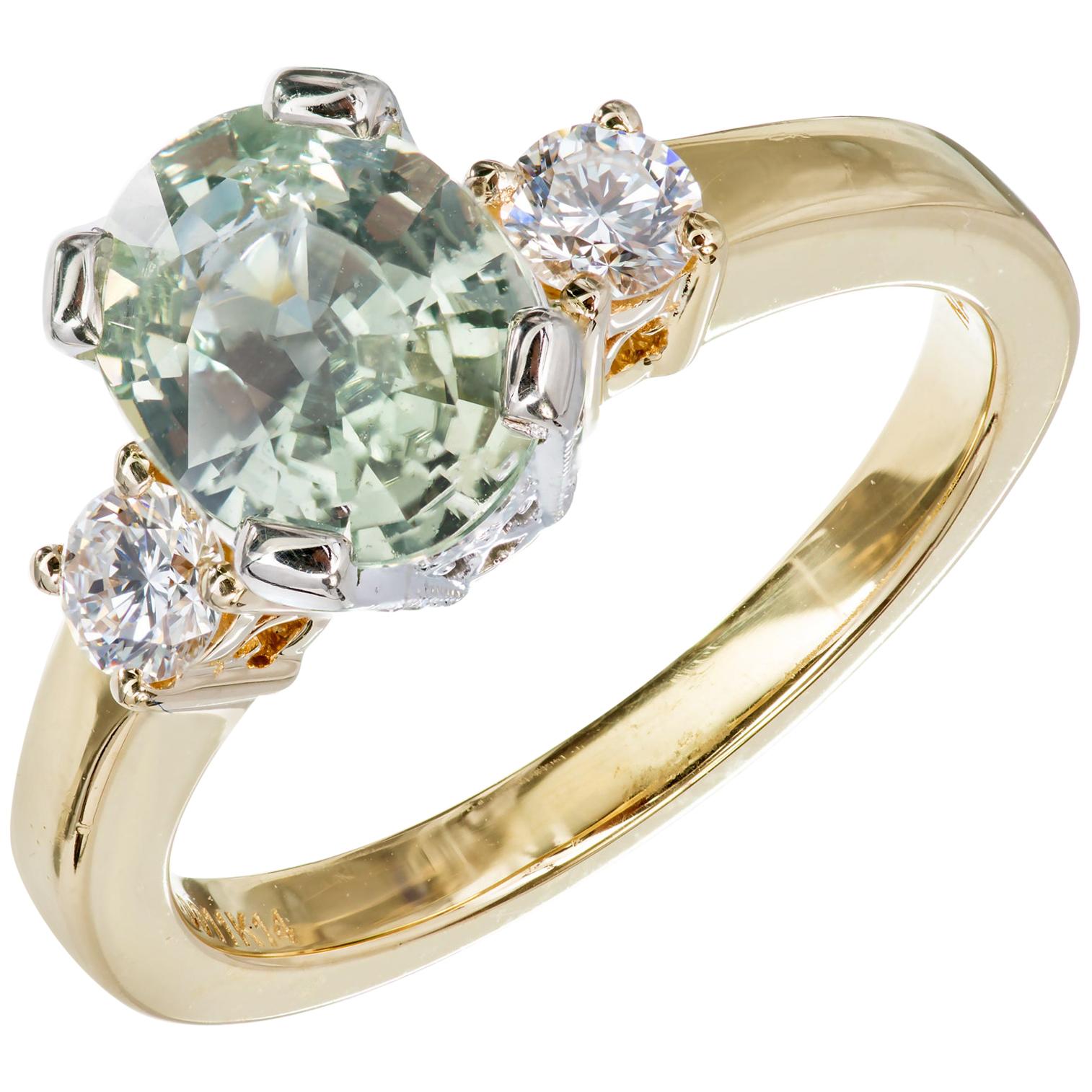 Natalie K Natural Green Sapphire Diamond Gold Three-Stone Engagement Ring For Sale