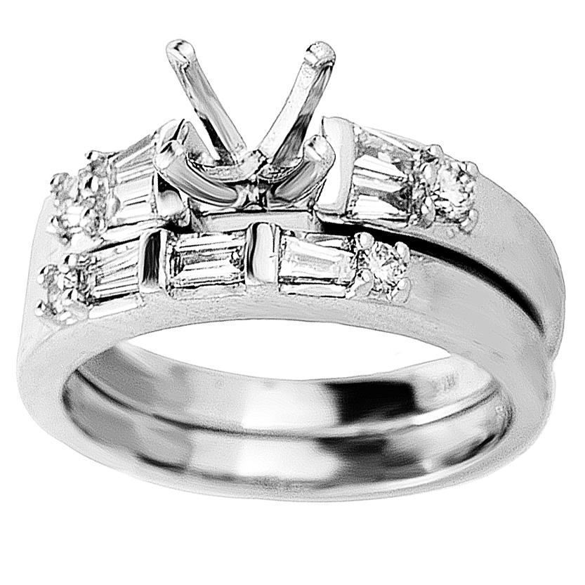 This bridal mounting set from Natalie K is exceptionally made and boast an impressive shine. The rings are made of platinum and are set with ~.60ct of diamond baguettes.
