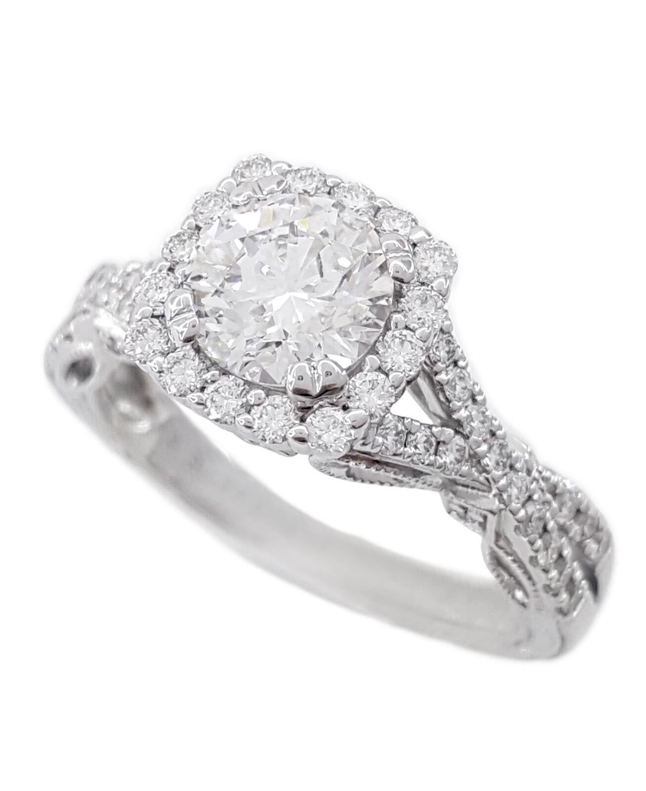 Modern Natalie K Round Brilliant Cut Halo Diamond Ring For Sale
