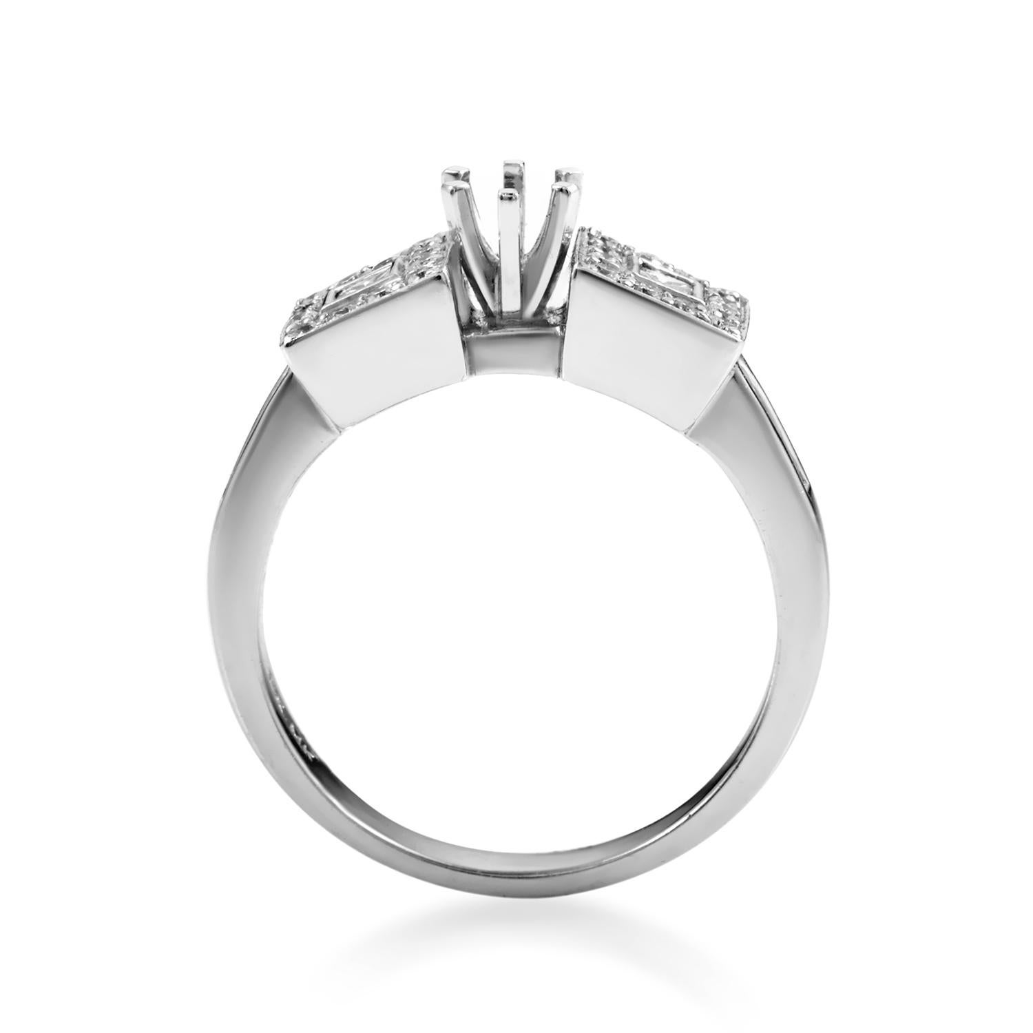 This gorgeous engagement ring setting from Natalie K is chic and refined; perfect for a lady with timeless style. The setting is made of 14K white gold and boasts ~.37ct of diamonds. The side stones are actually two squares set with a brilliant