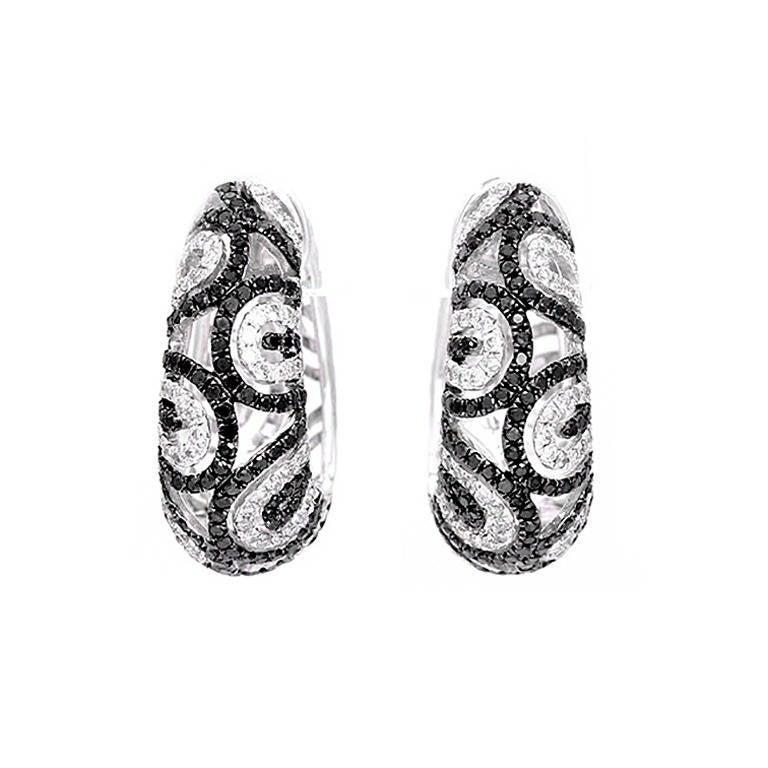 Women's Natalie K White Black and White Diamond Gold Swirl Hoop Earrings For Sale