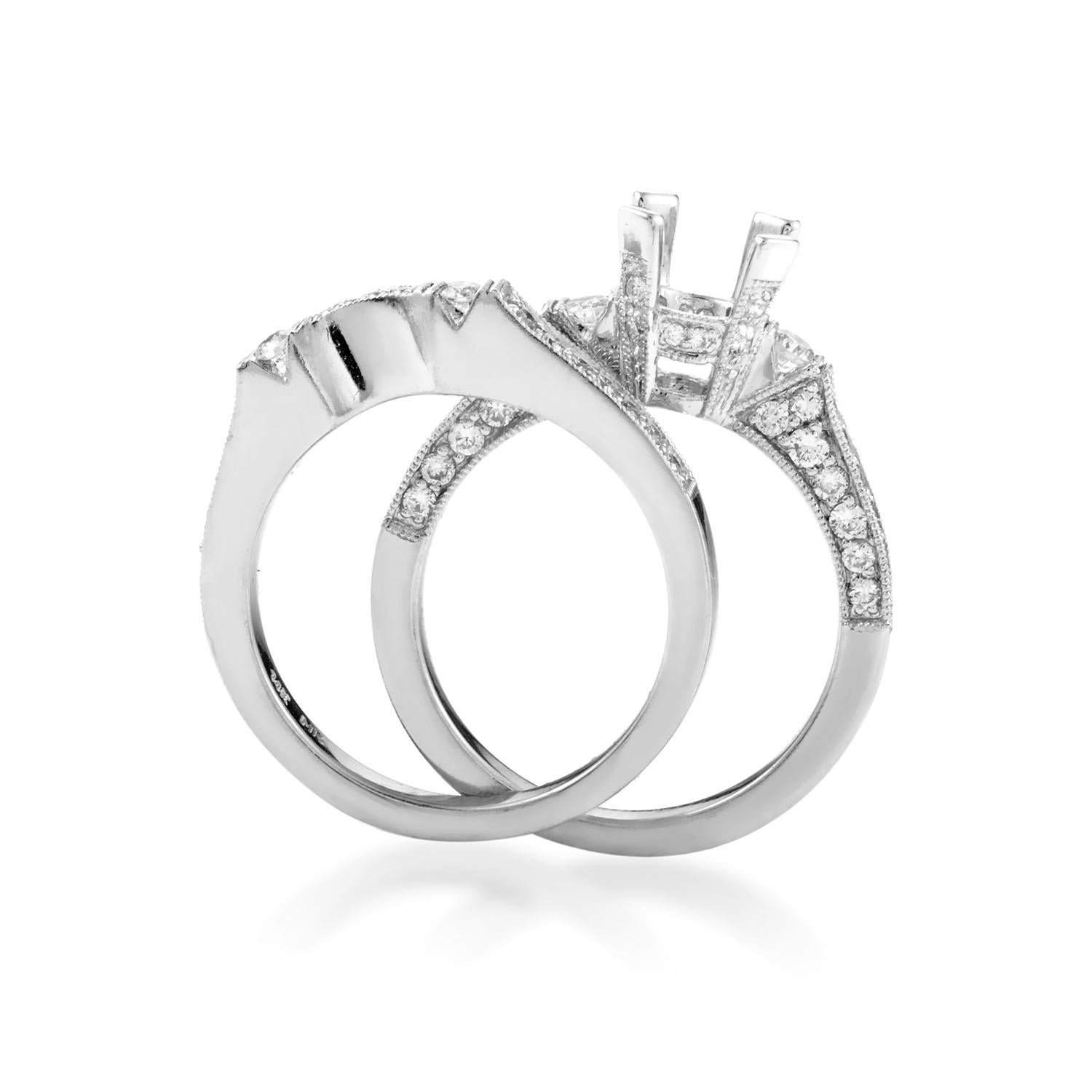 Every detail has been carefully considered and crafted in this 14K white gold semi mount bridal set by Natalie K. The two straight bands measure 5mm when together, and are lined with brilliant-cut diamonds in delicate pave settings along the sides