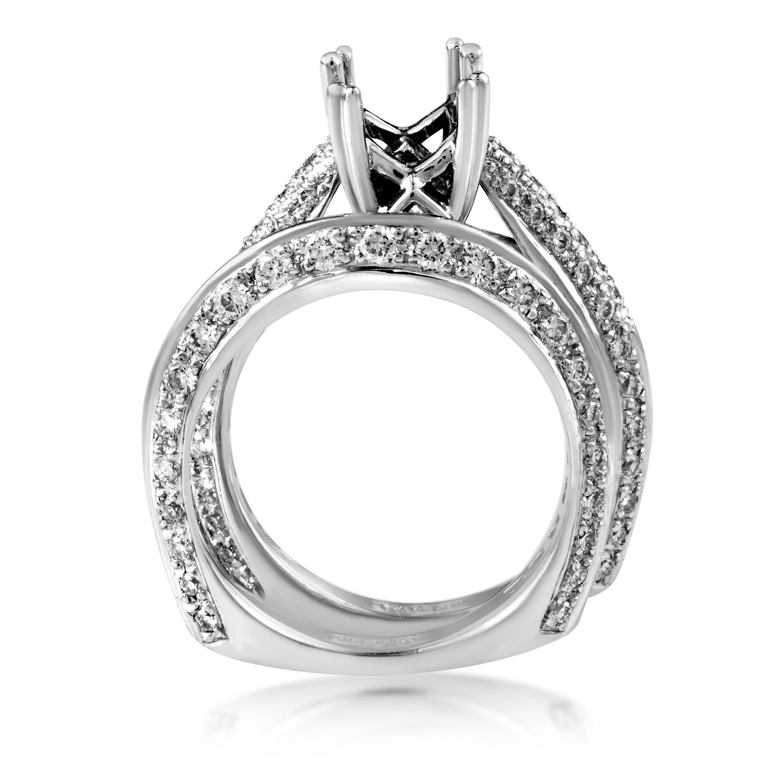Dazzling and dense arrangement of glittering diamonds weighing in total 1.20 carats enriches both the fantastic mounting ring and fabulous wedding band in this magnificent bridal set from Natalie K made of shimmering 14K white gold.<Br/>Ring Top
