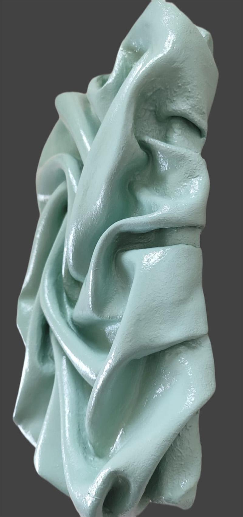 Emerald Plains, Clay-infused fabric sculpture, for wall installation - Sculpture by Natalie Krainin