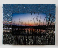 End of Day (stained glass, mosaic, metal print, wood frame)