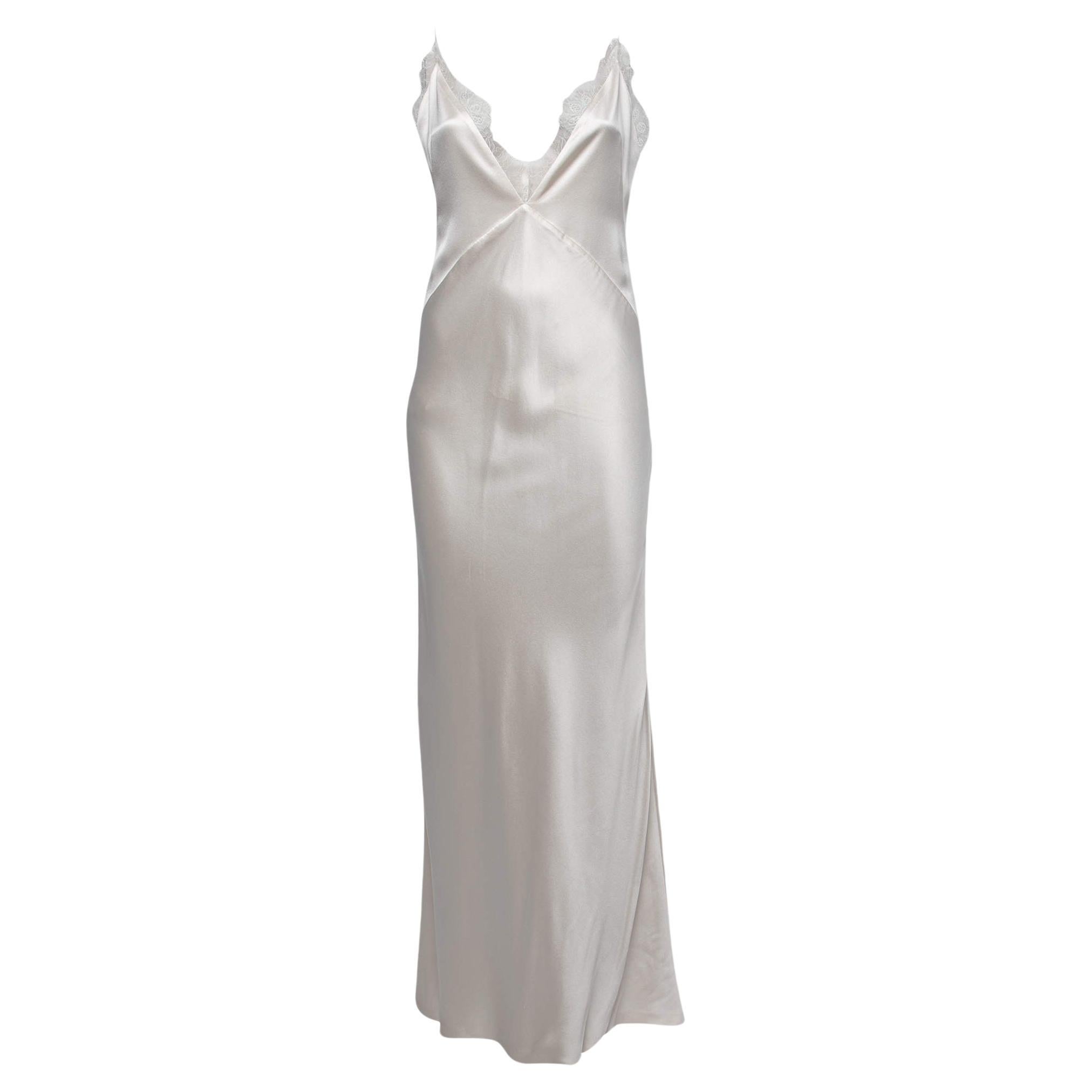 Natalie Rolt Off White Satin Silk Lace Trimmed Tallulah Maxi Dress S For Sale