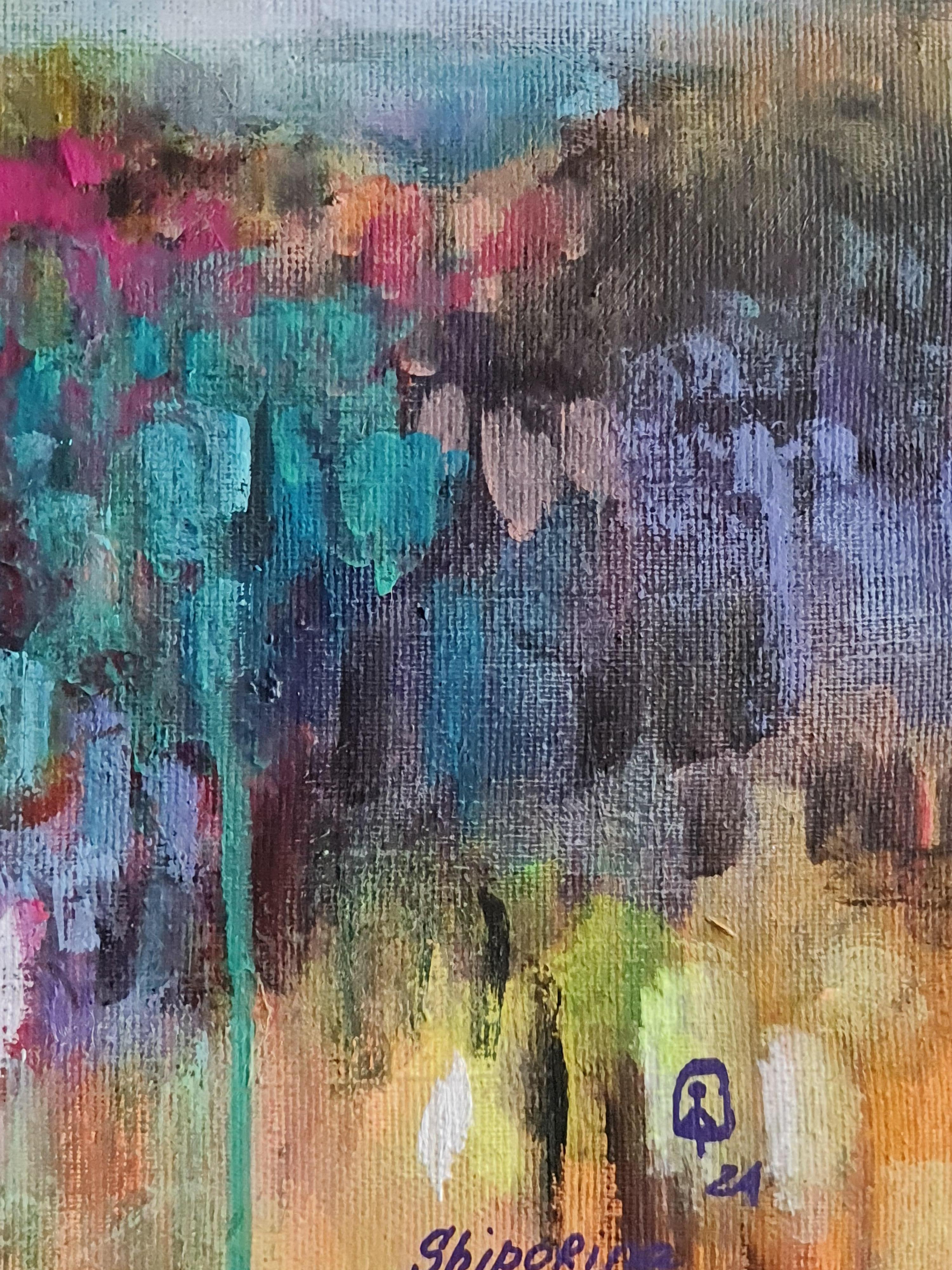 A colorful dream for those who can't sleep, counting sheep - Gray Landscape Painting by Natalie Shiporina