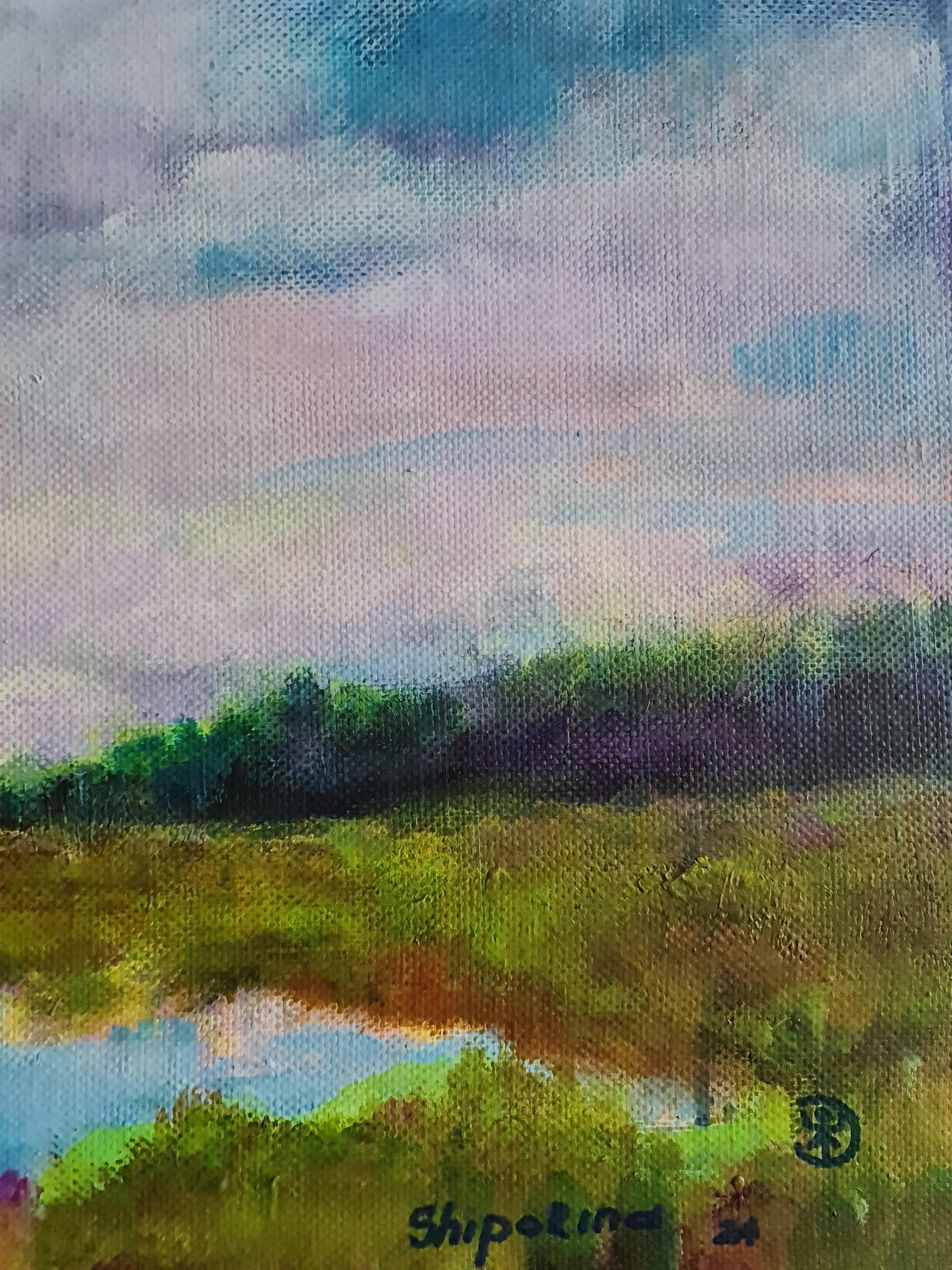 Sueño de colores  en nubes rosas - Landscape Painting Gris de Natalie Shiporina