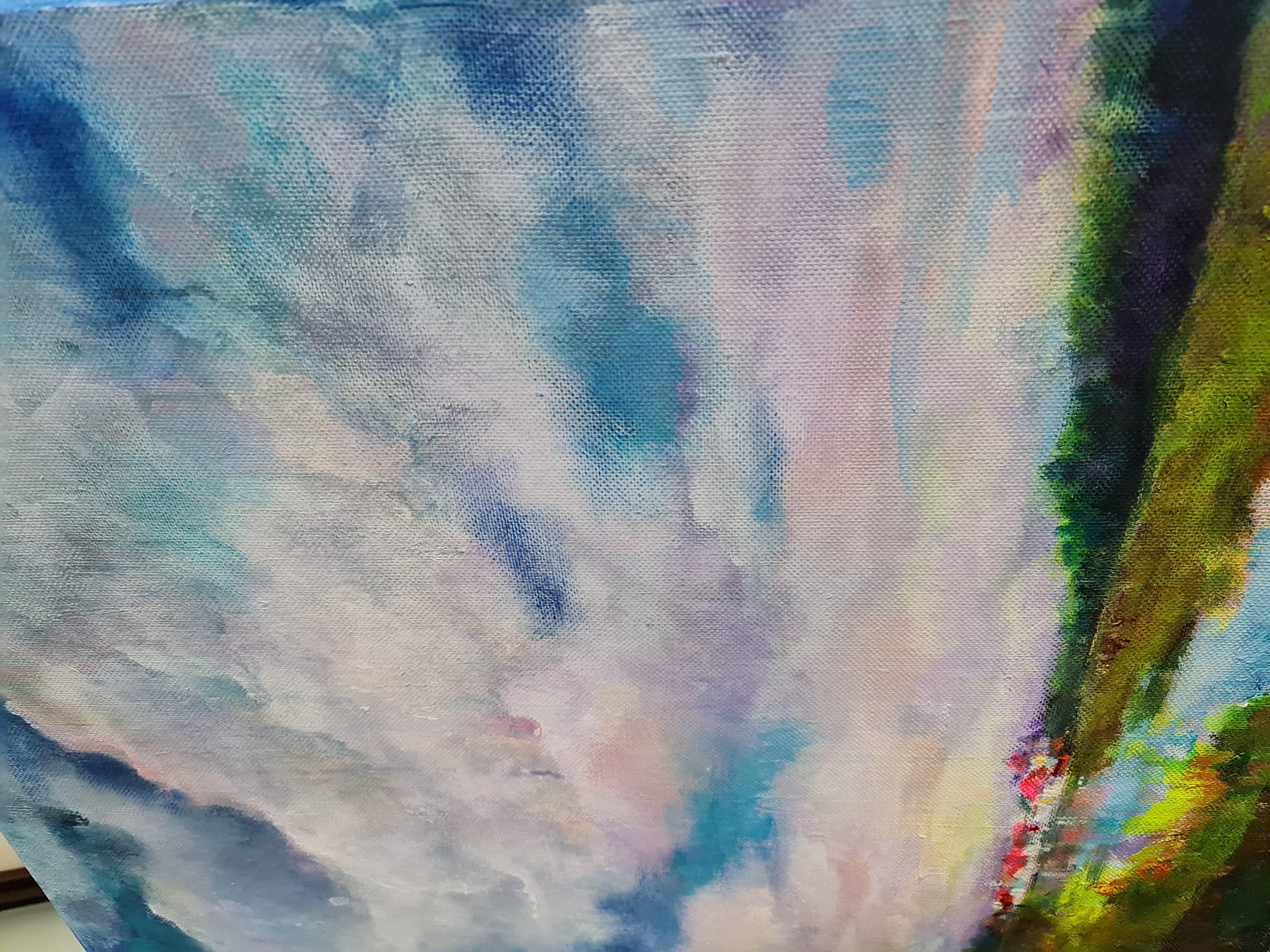 Al crear esta pieza, me sumergí en la interacción de la luz y la emoción, capturando un paisaje onírico donde lo etéreo se encuentra con lo vibrante. Cada pincelada encarna un susurro de tranquilidad, mientras que los colores vivos estallan,