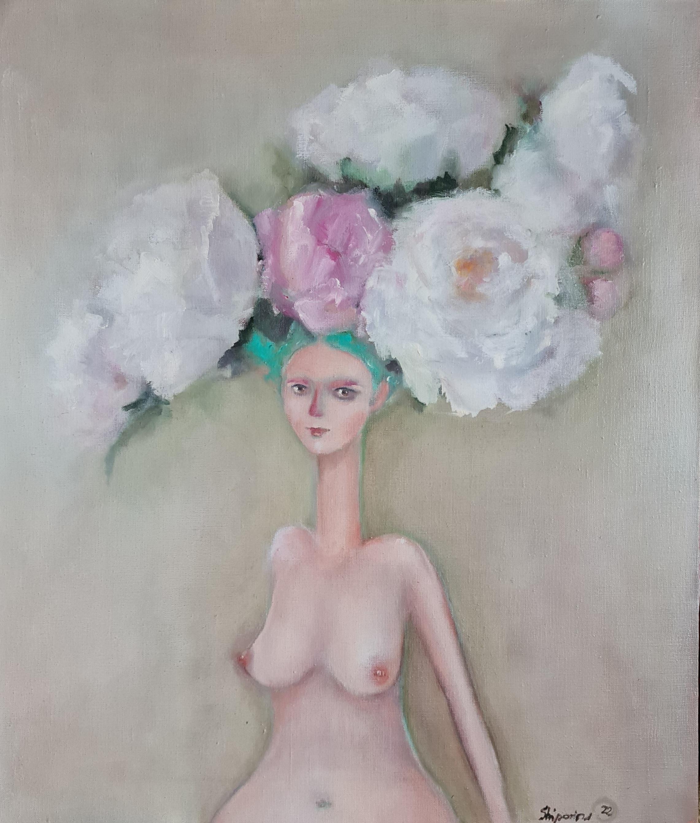 Peinture figurative d'une beauté nue  et des fleurs   fleurs délicates