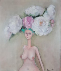 Peinture figurative d'une beauté nue  et des fleurs   fleurs délicates
