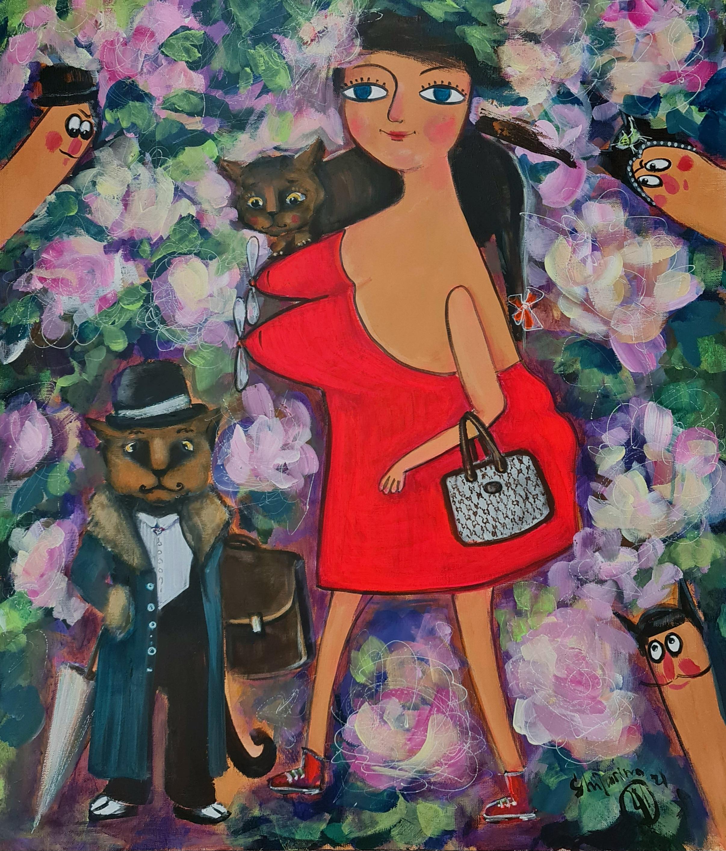 Natalie Shiporina Abstract Painting - Modern figurative painting on canvas by Natalia Shiporina fashion handbag