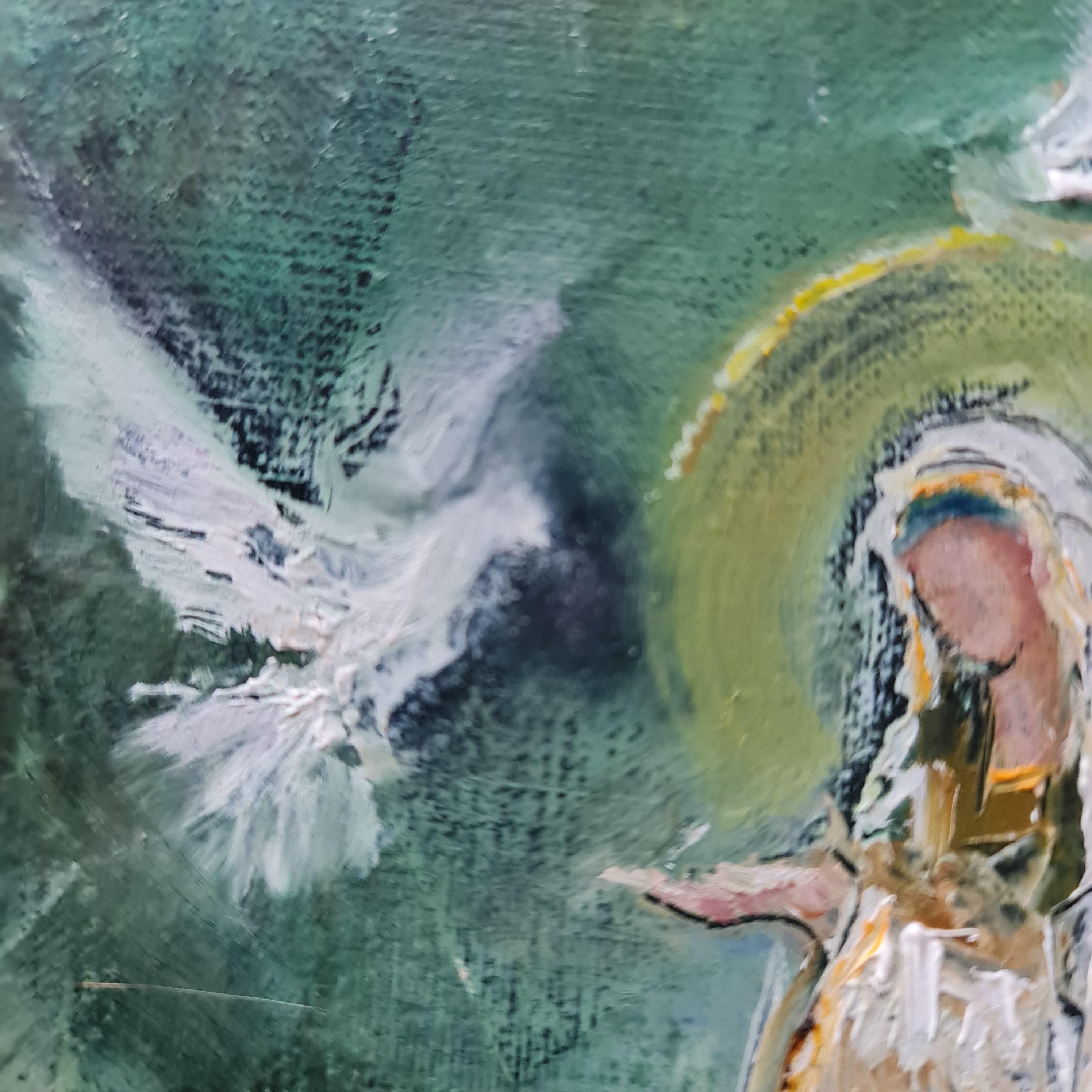 Painting in a wooden frame 32x32 cm. Painting without a frame 20x20 cm. This is a great opportunity to buy a painting with excellent decoration and hang it right away. The image of an Angel is always very good and helps in business. This is a good
