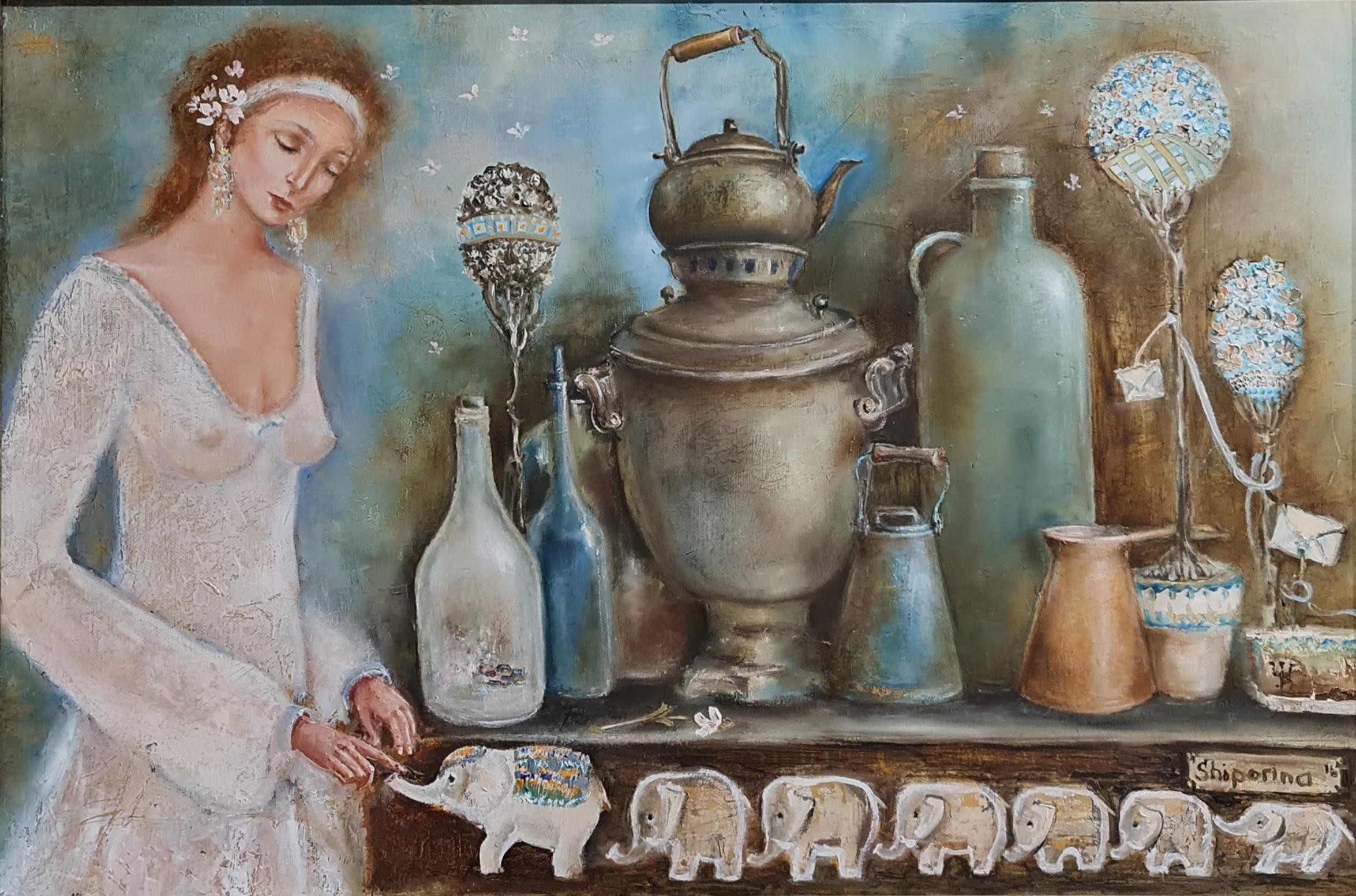 dipinto con stile simbolico romantico "Sette elefanti della felicità".
