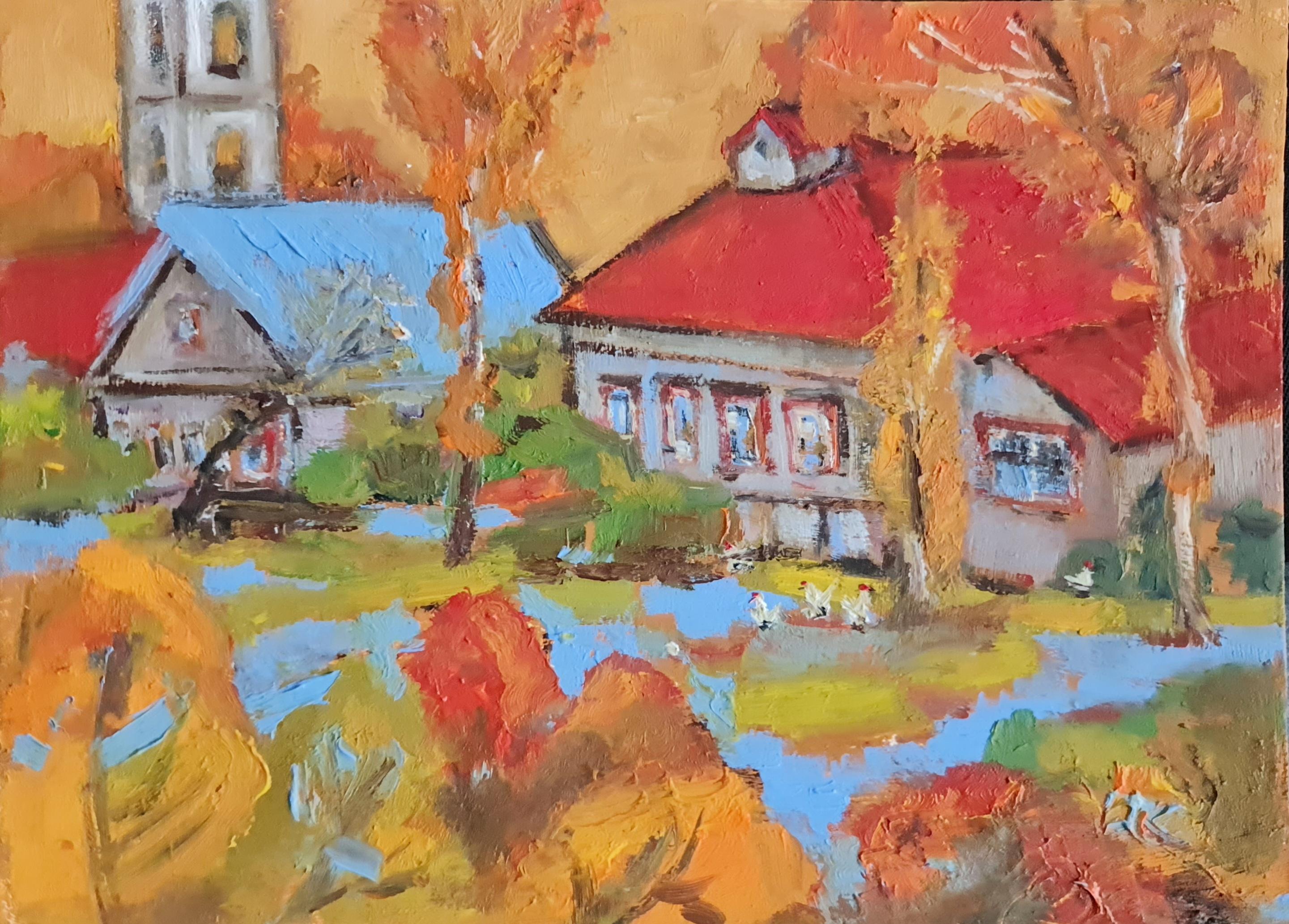 Natalie Shiporina Landscape Art - small oil landscape on cardboard "Village 2"