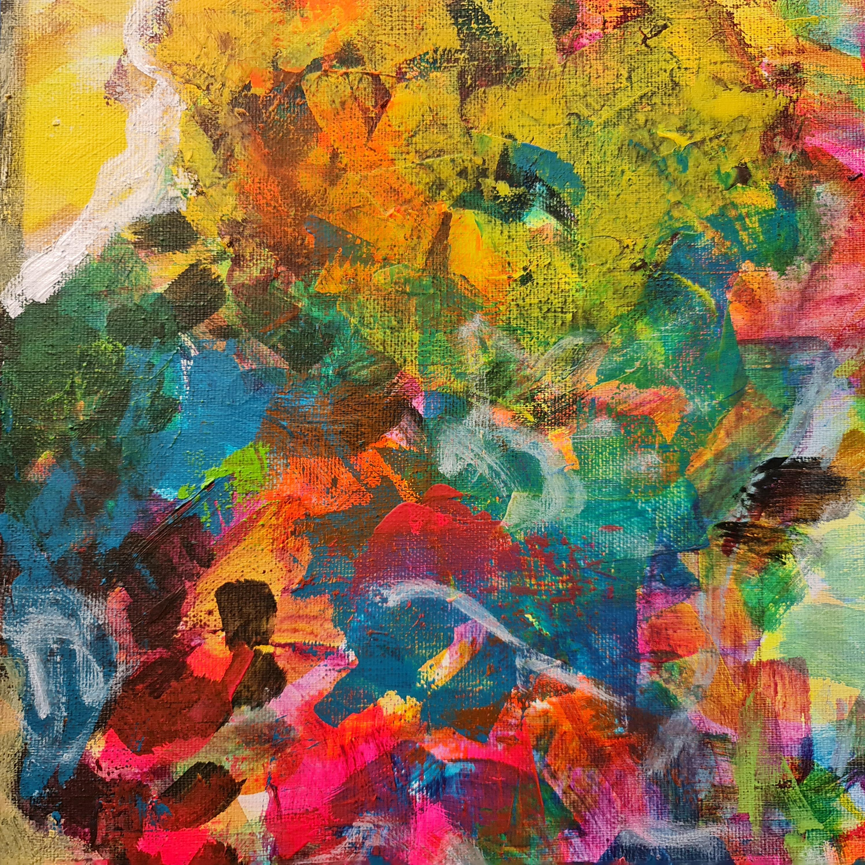 In diesem Gemälde habe ich die lebhaften Emotionen und flüchtigen Empfindungen erforscht, die die Natur in uns hervorruft. Inspiriert von den kräftigen Farben des Fauvismus und der Traumhaftigkeit des Surrealismus habe ich Acrylfarben übereinander