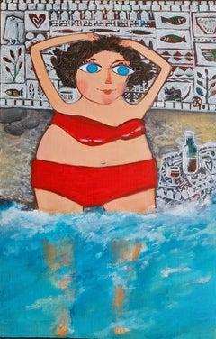 The Velvet season, Figurative Comic Painting Women and Sea by Natalie Shiporina 