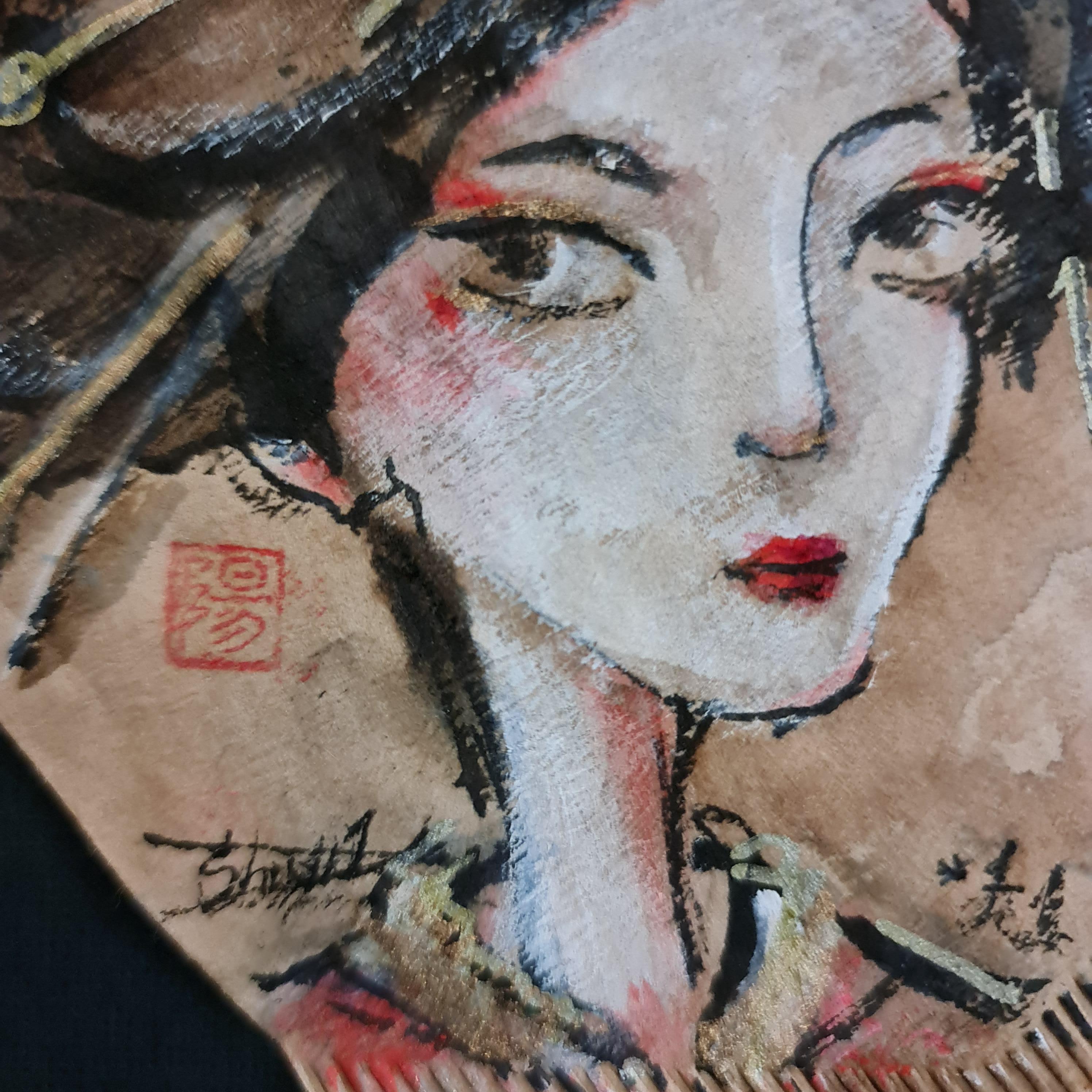 This is a beautiful portrait of a Japanese geisha - Post-Impressionist Painting by Natalie Shiporina
