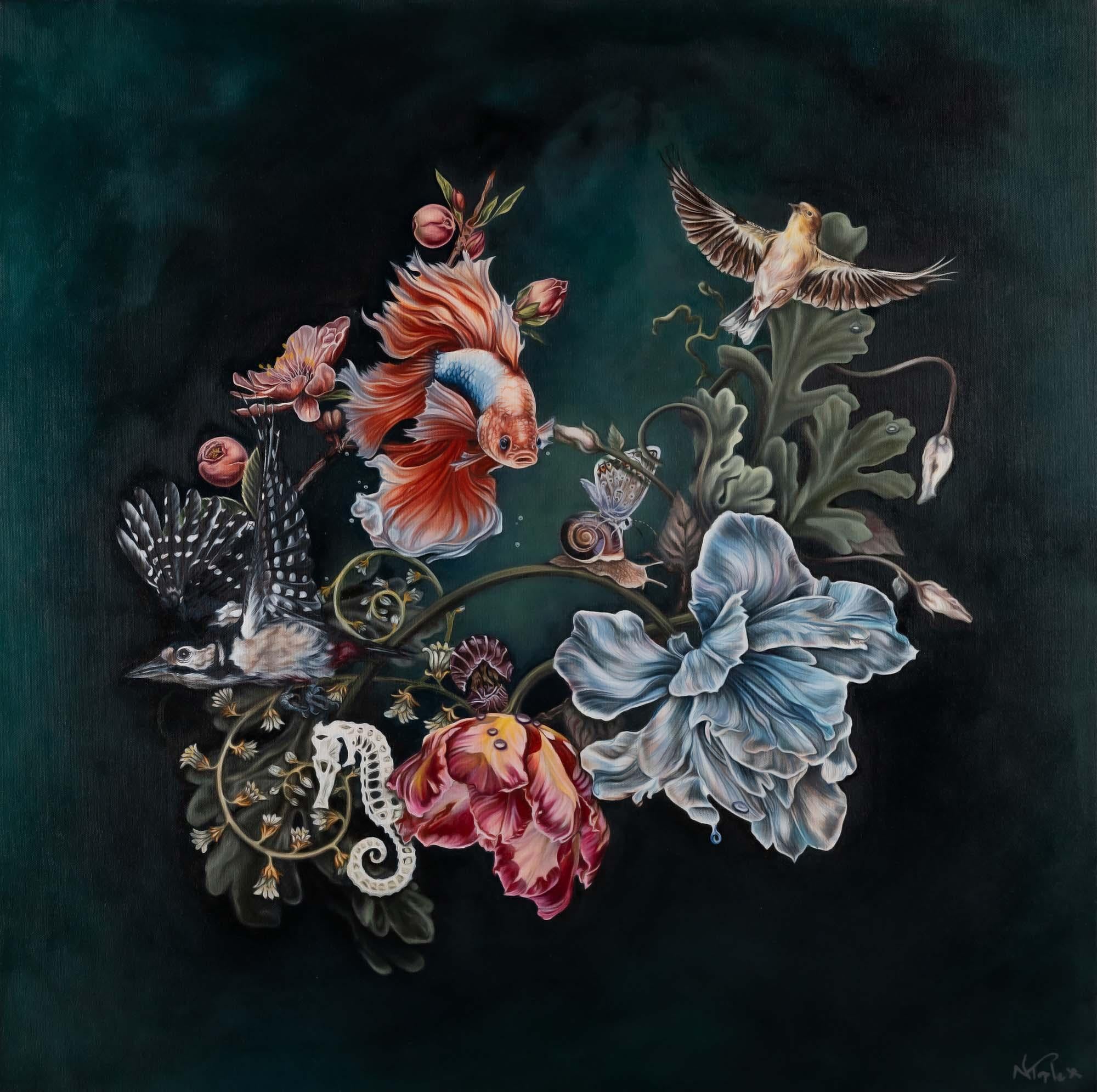 Materiales oscuros - pintura al óleo original de bodegón realista - arte contemporáneo