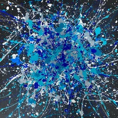 Vol entre les étoiles - bleu, marine, blanc, noir grande abstraction, gouttes