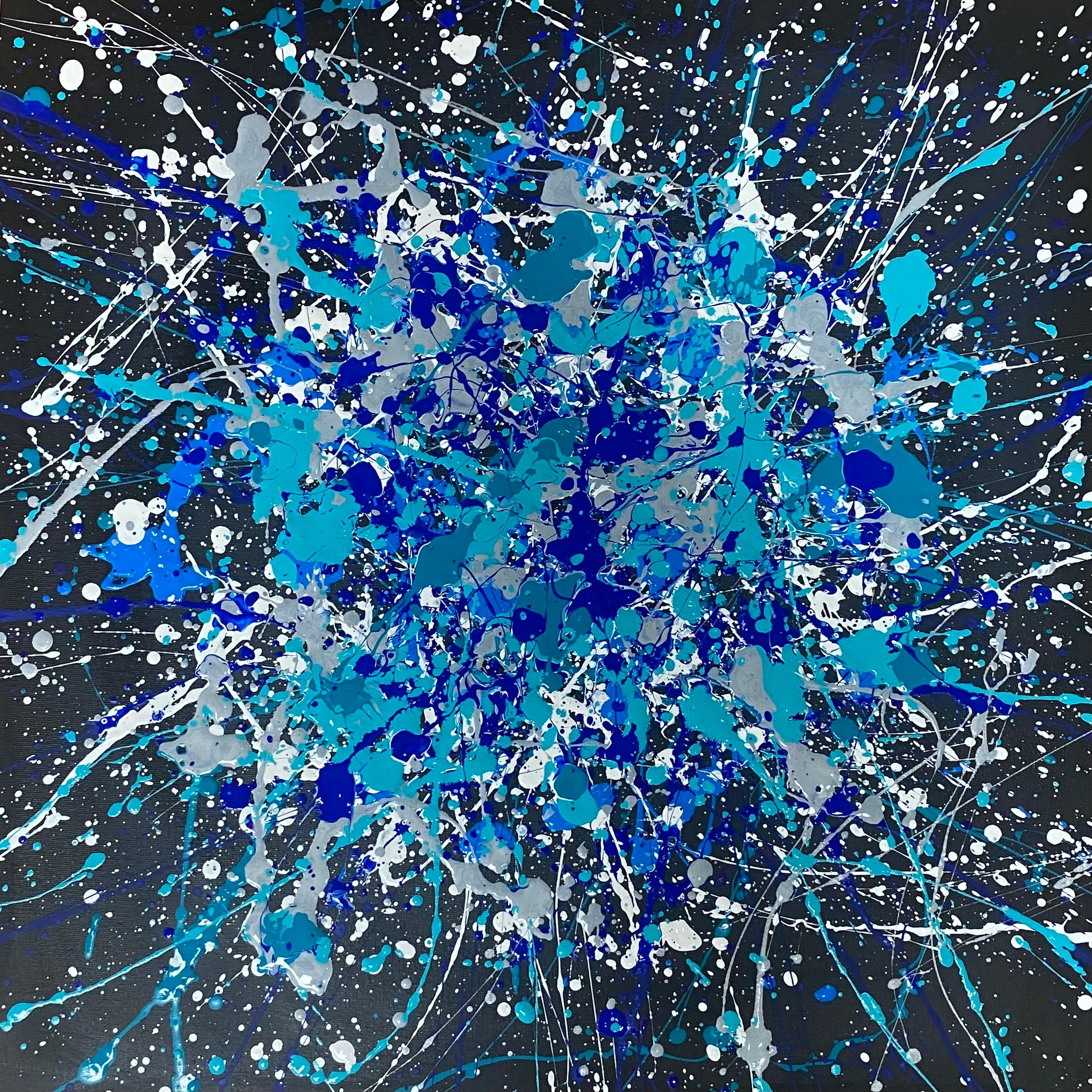 Volo tra le stelle - blu, marina, bianco, nero grande astrazione, gocce - Painting Astratto di Nataliia Krykun