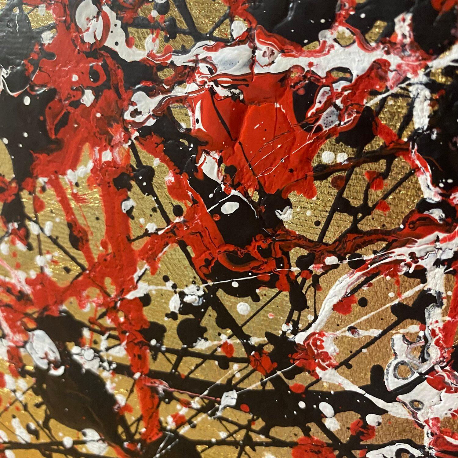 In this dynamic canvas, I channel raw emotions through the bold interplay of black, red, and white on a vibrant gold backdrop. Each stroke and splatter is an expression of passion and energy, crafted with a medley of acrylic, and unique gilding.