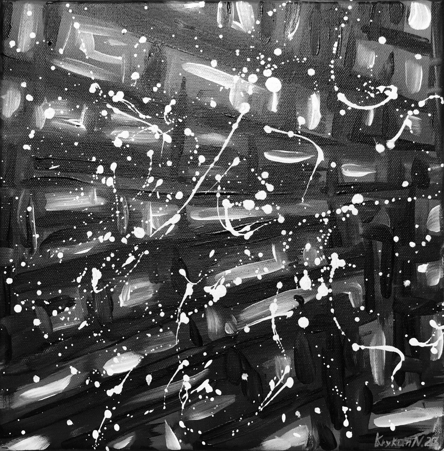 Cielo notturno - astrazione geometrica in bianco e nero, dripping
