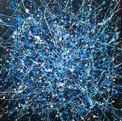 Serie „Infinite Flight“ blau, marineblau, weiß, schwarz, große Abstraktion, Tropfen