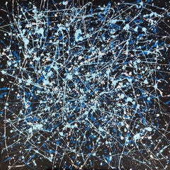 Blau, marineblau, weiß, schwarz, große Abstraktion, Tropfen der Serie „Infinite Flight“