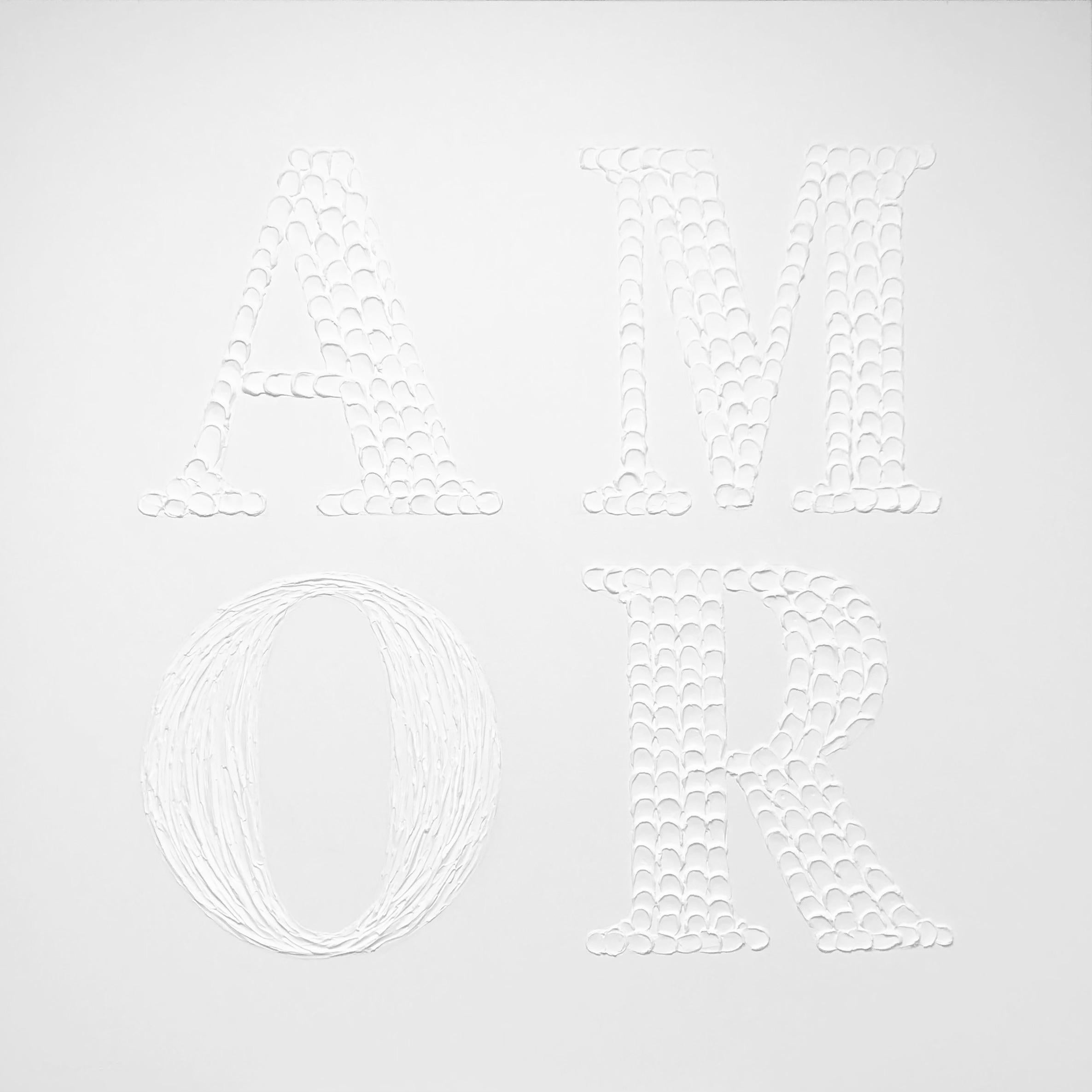 Amor - Love abstract in 3D, textured white wall sculpture