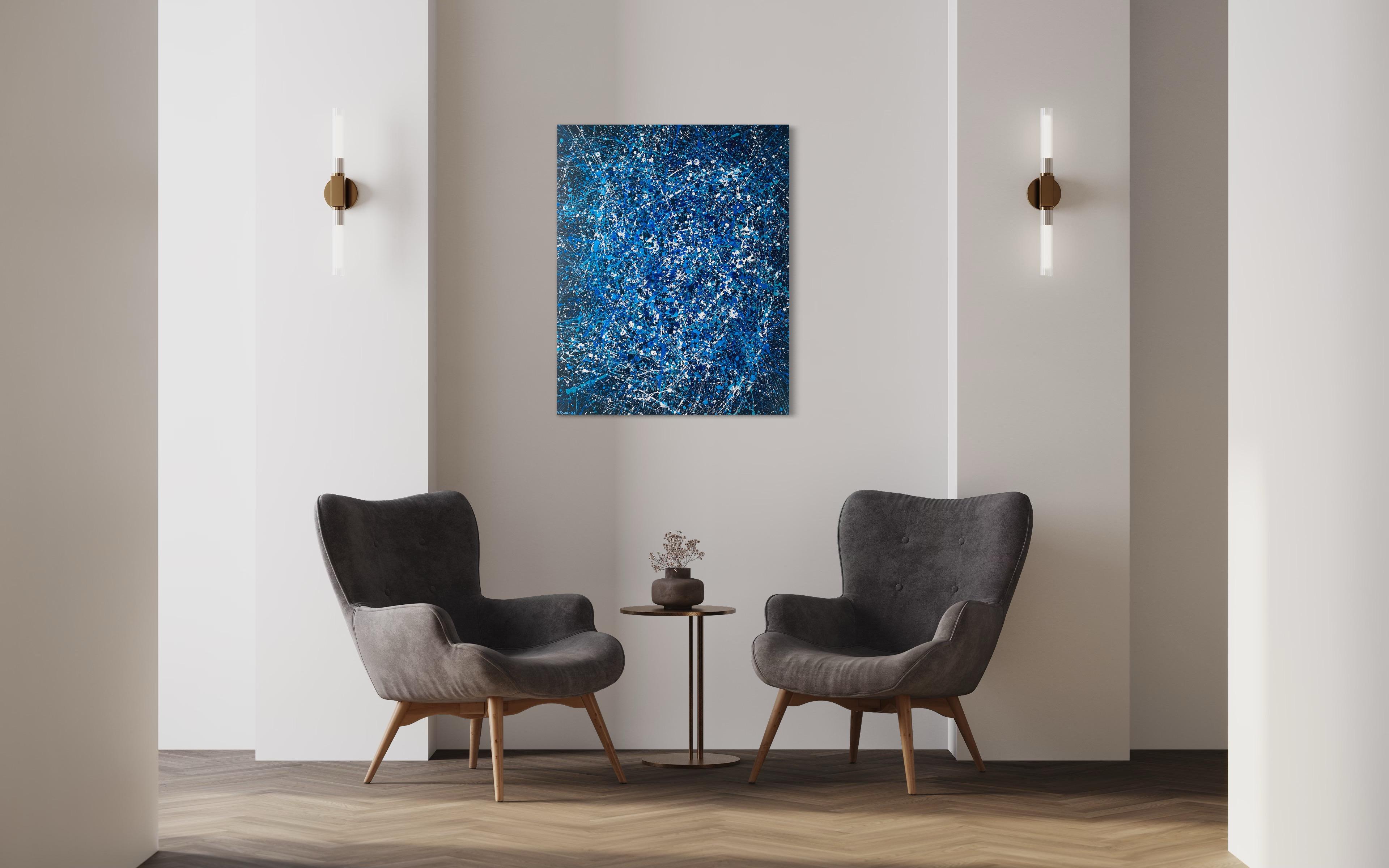 Blaue Galaxie, minimalistische tropfende Abstraktion Pollock's Style im Angebot 7