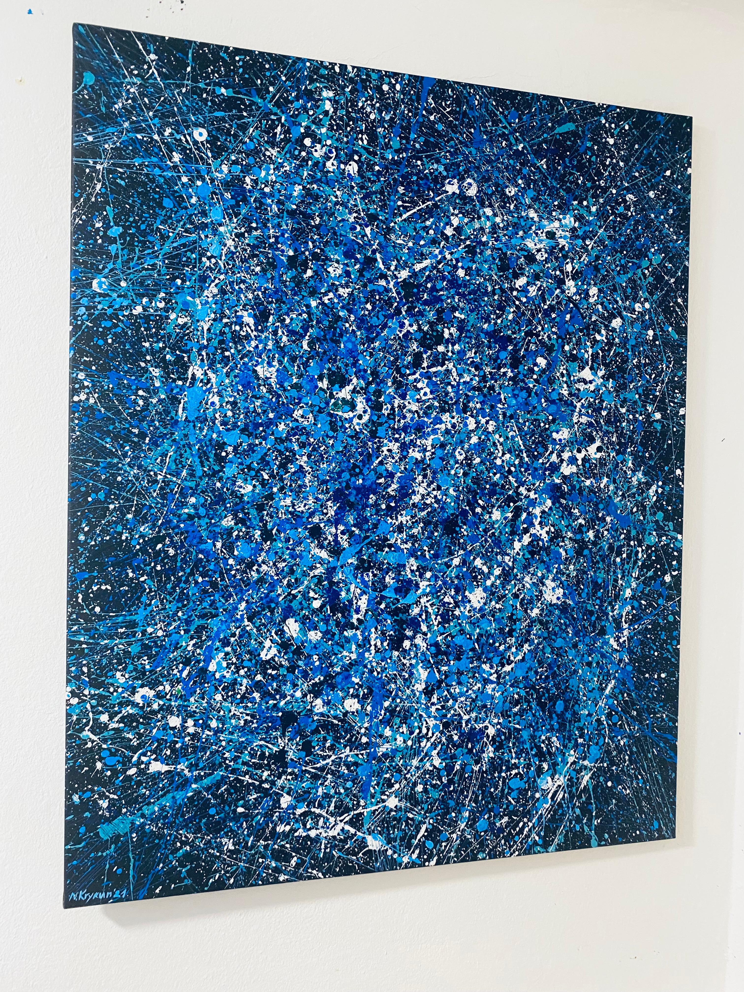 Blaue Galaxie, minimalistische tropfende Abstraktion Pollock's Style im Angebot 8