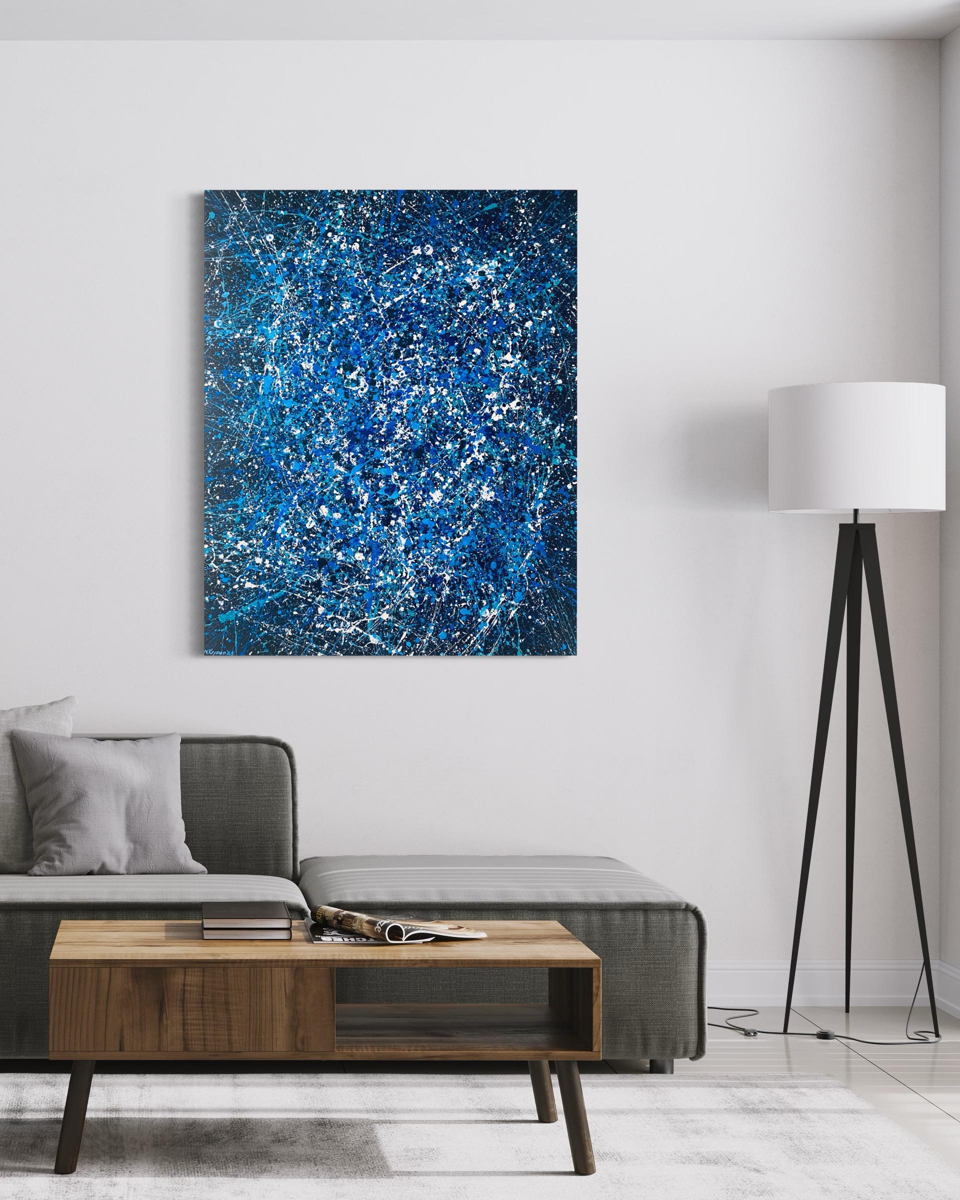 Blaue Galaxie, minimalistische tropfende Abstraktion Pollock's Style im Angebot 4