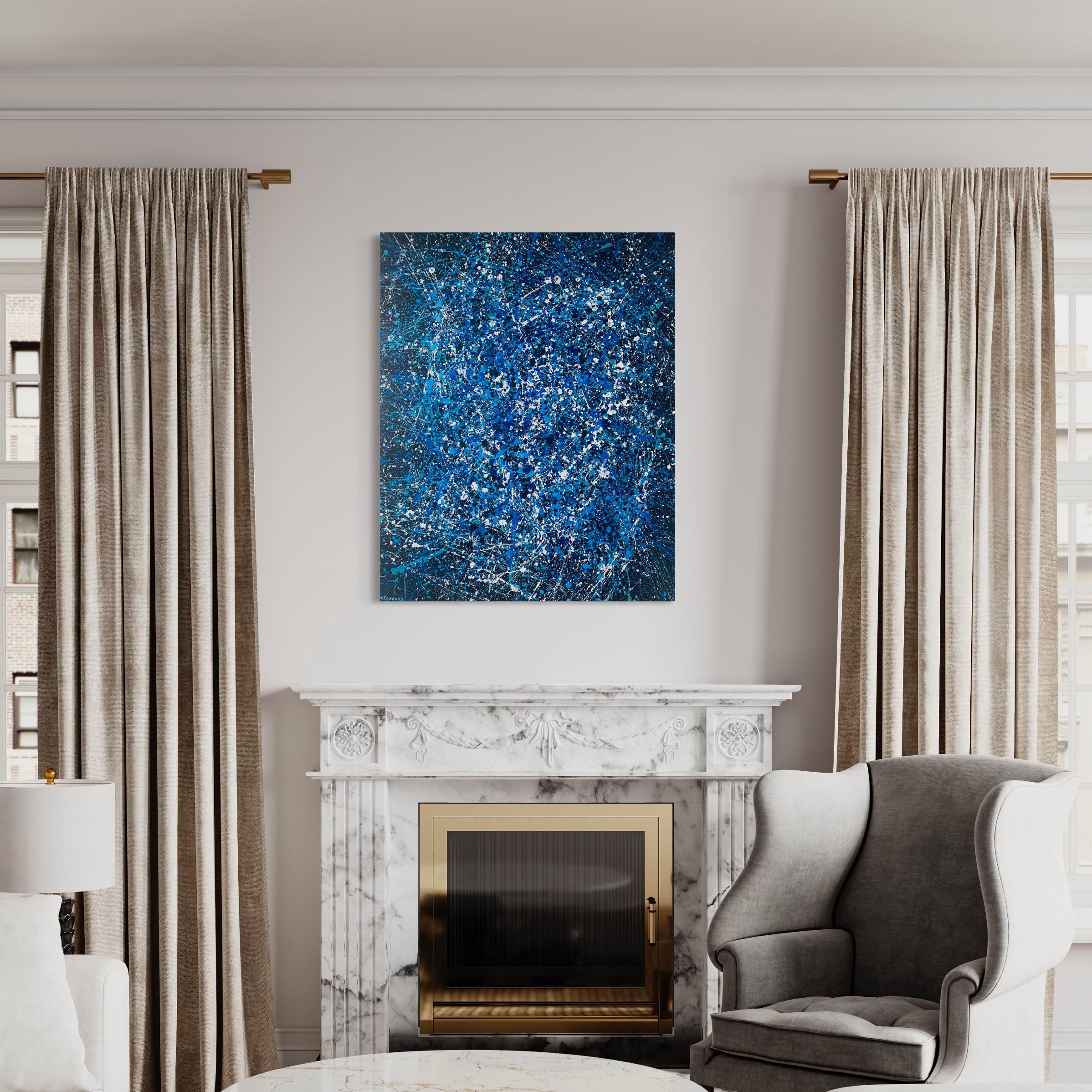 Blaue Galaxie, minimalistische tropfende Abstraktion Pollock's Style im Angebot 5