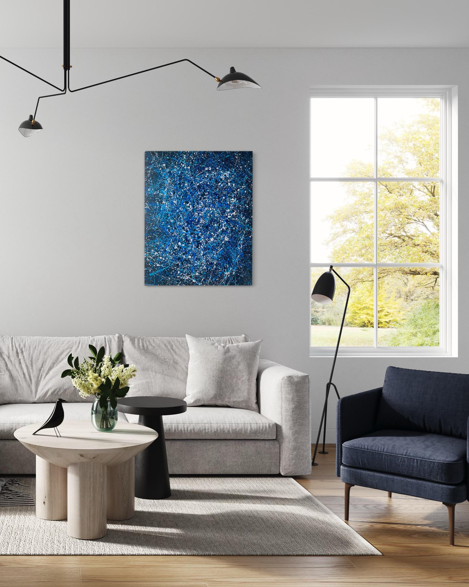 Blaue Galaxie, minimalistische tropfende Abstraktion Pollock's Style im Angebot 6