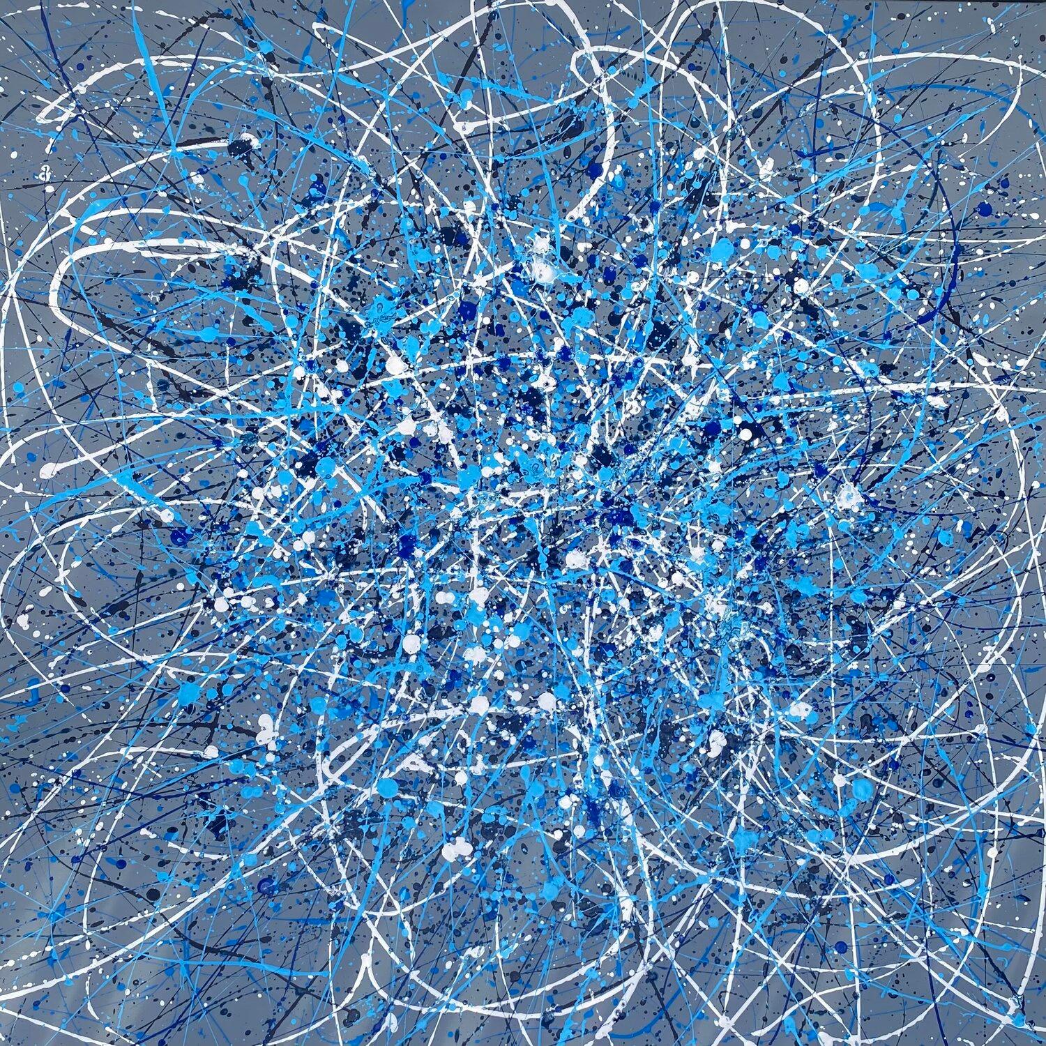Galassia grigio blu - astrazione di punti che gocciolano - Painting di Nataliia Krykun