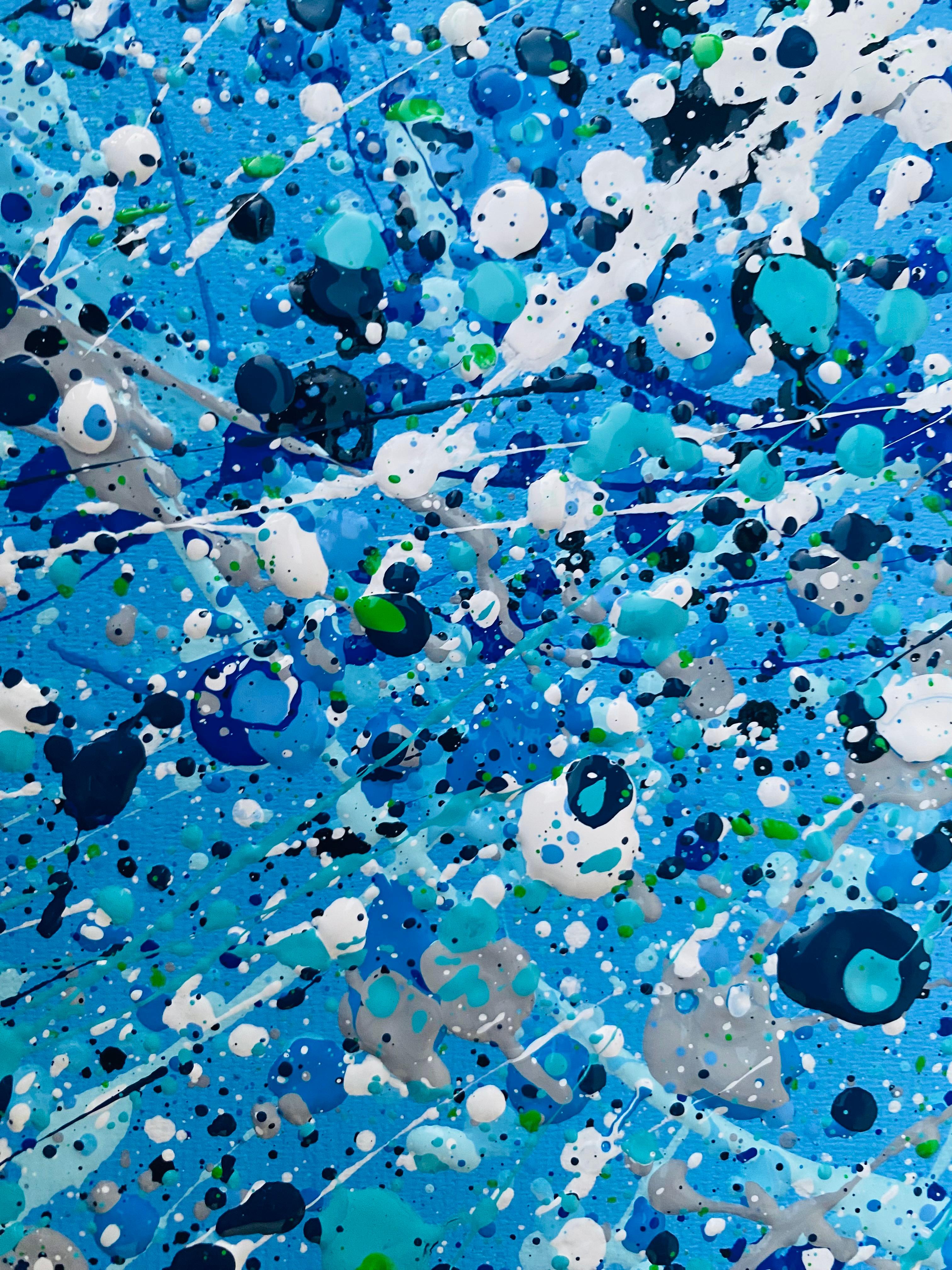 Mare blu - azione di dripping painting - Abstract Painting Blu di Nataliia Krykun