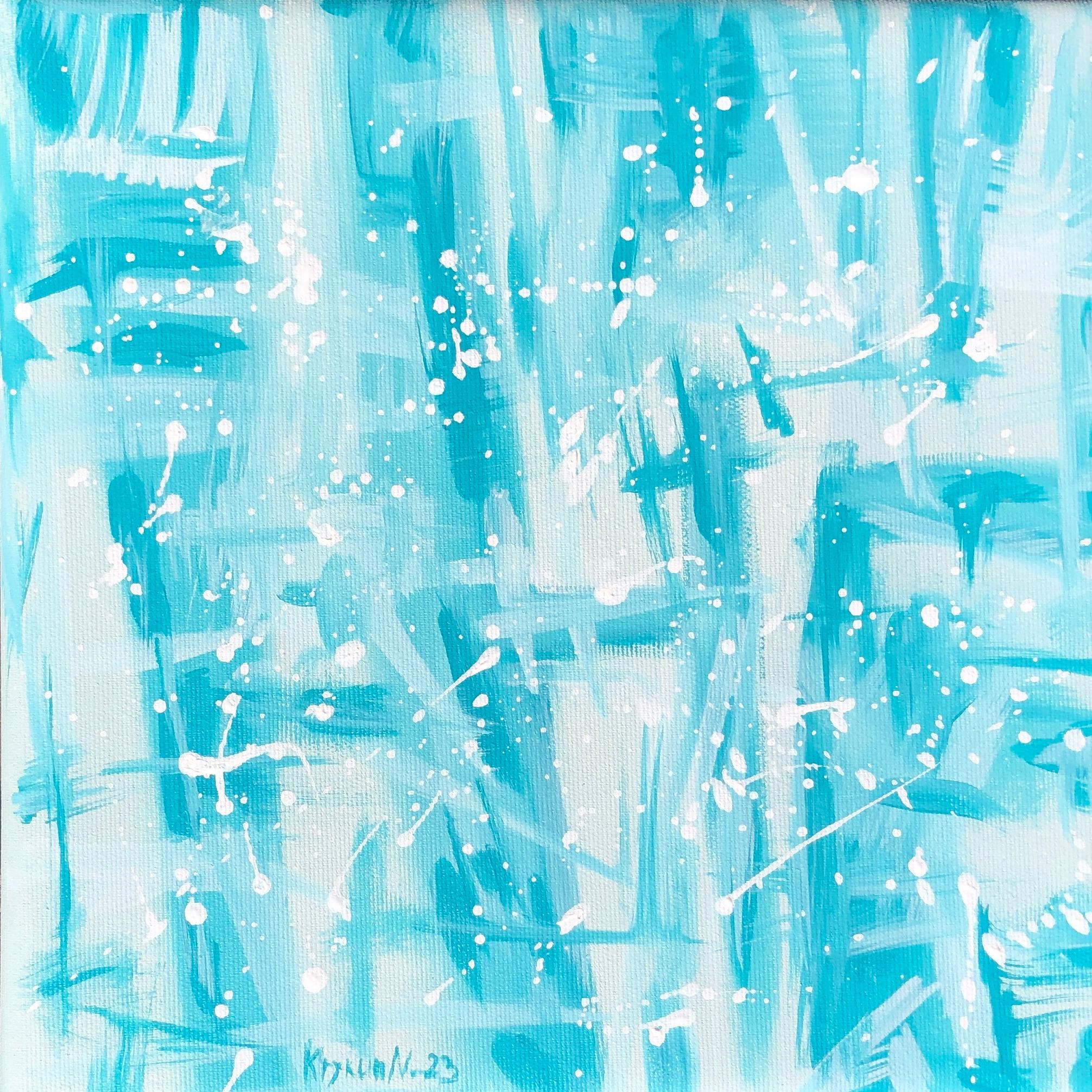 Abstract Painting de Nataliia Krykun - "Paisaje marino azul" - abstracción geométrica azul, blanca y turquesa