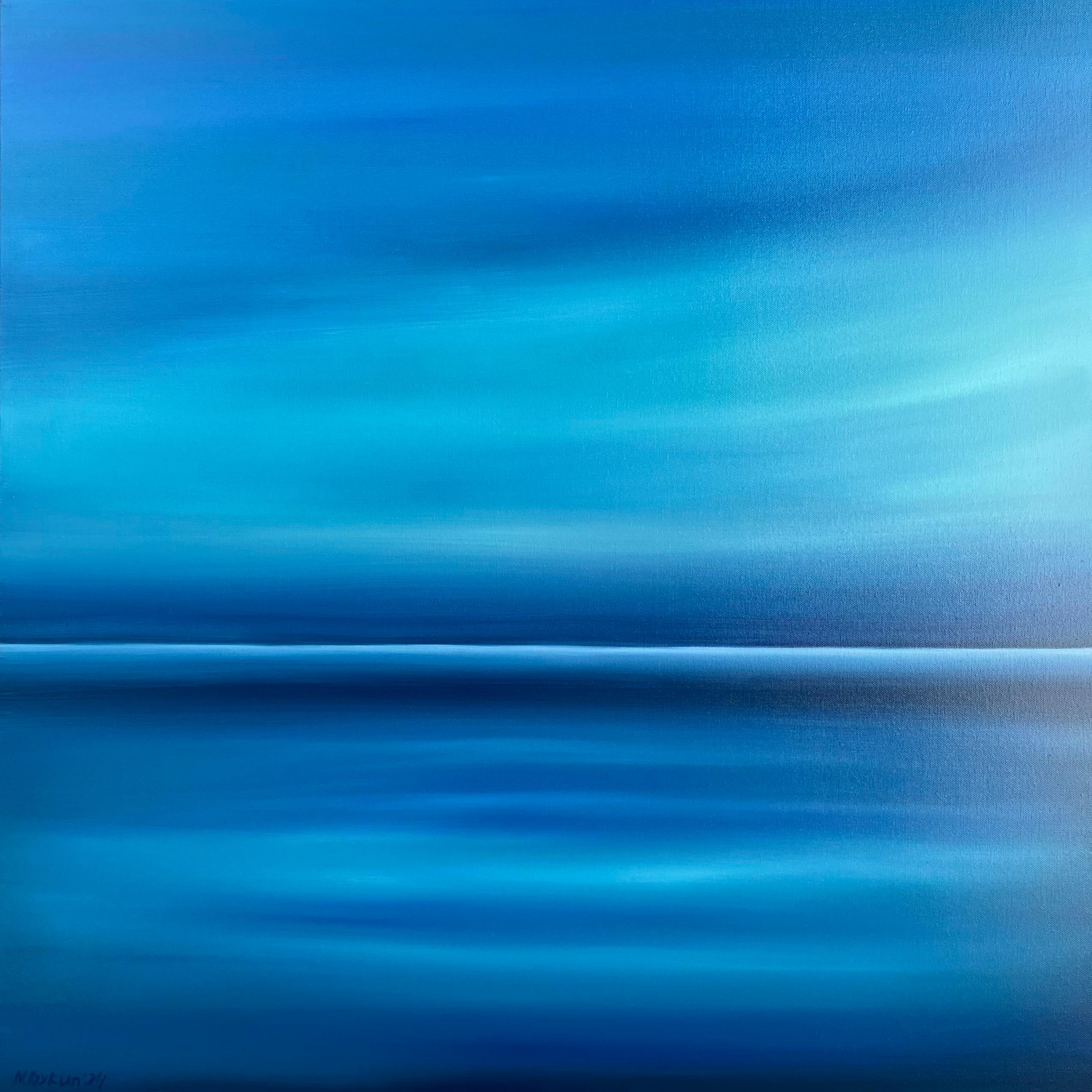 Paisaje marino azul, sky- skyline, semi abstracción, impresiones minimalismo en venta 3