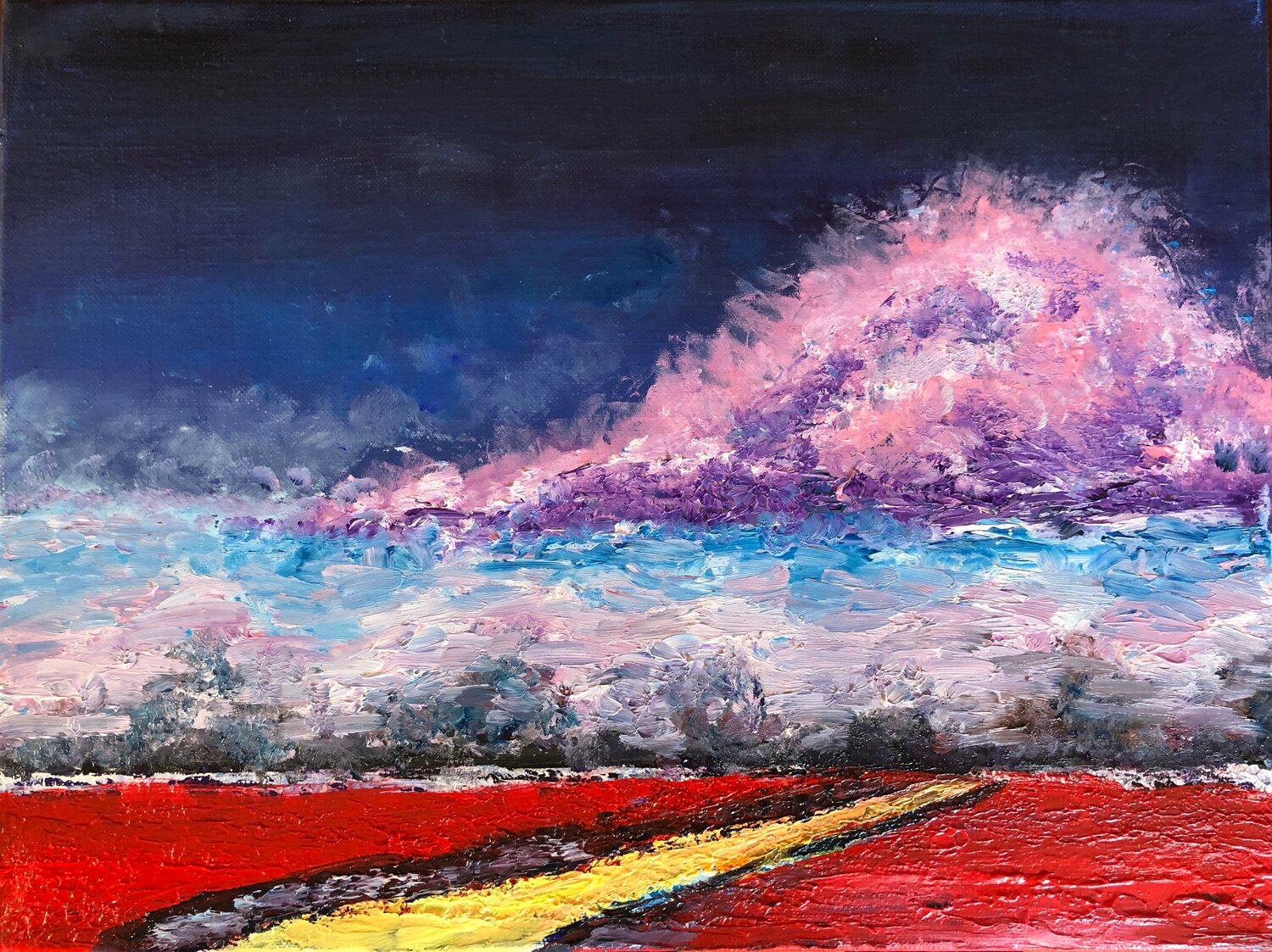 BLUE SUNSET WITH A PINK CLOUD, Very peri color abstract original wall art - Abstract Painting by Nataliia Krykun