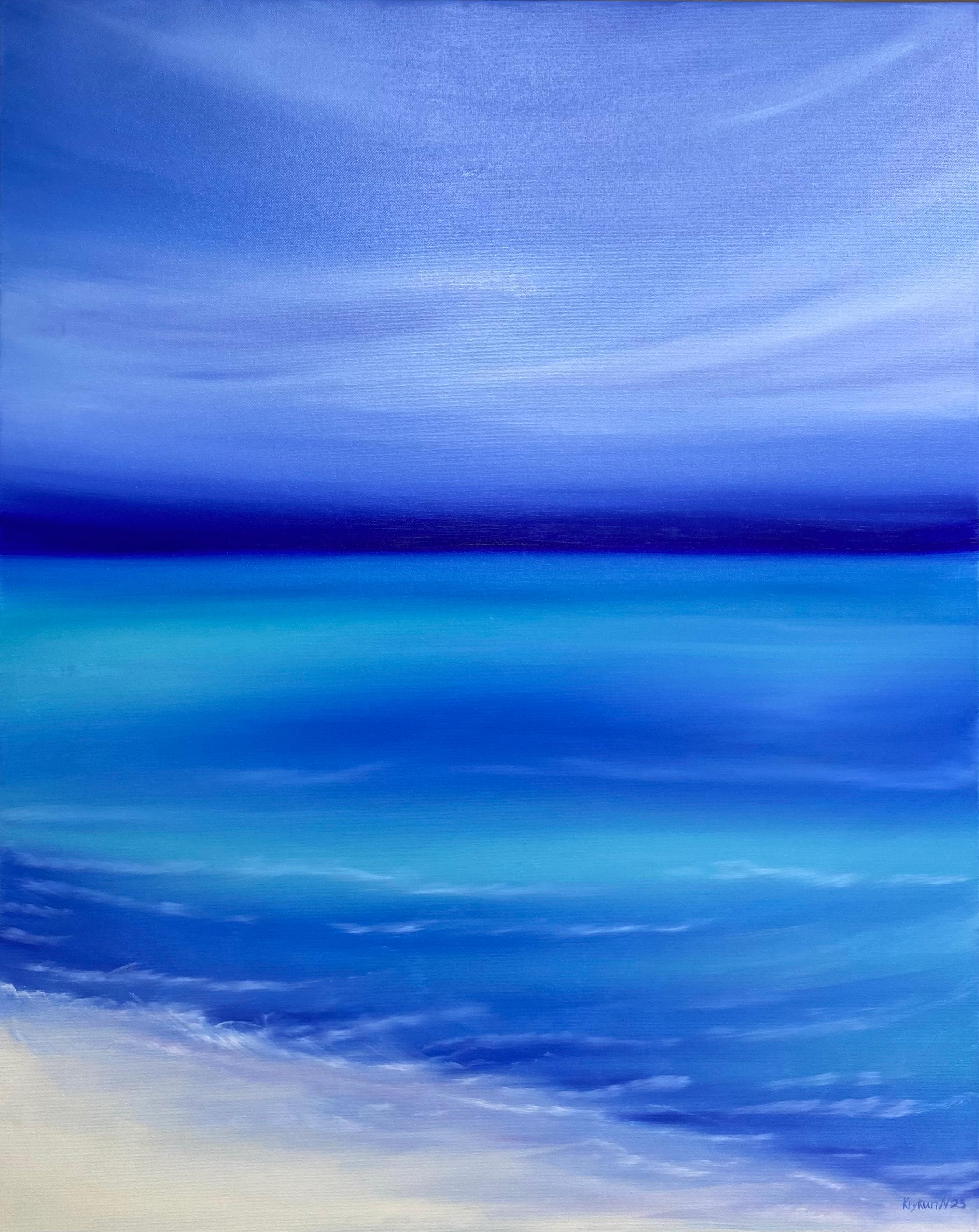 Calm azure sea shore, Côte d'Azur , Marine sky line, ocean waves - Abstract Painting by Nataliia Krykun