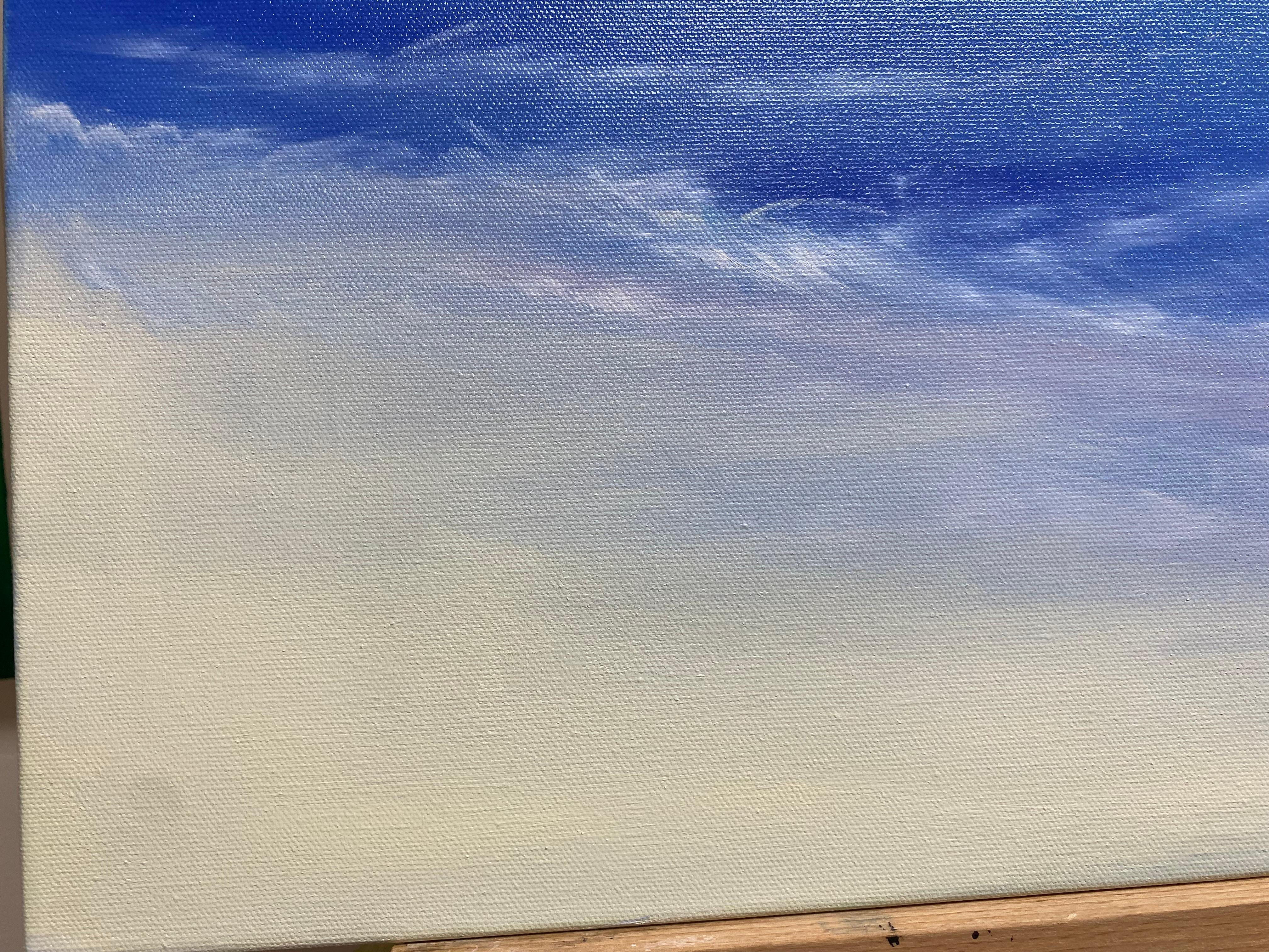 In this painting, I have channeled the serenity of the sea, capturing the tranquil horizon where sky and water meet. Using oils, I blended impressionistic strokes with elements of minimalism and semi-abstract forms. Emotion flows through the cool